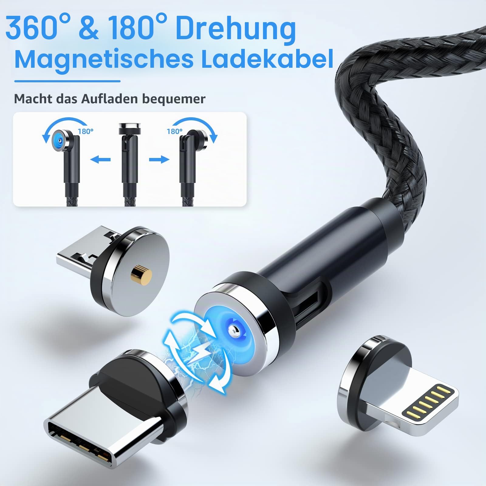 Ankndo Magnetisches Ladekabel [5er-Pack, 3/3/6/10/10FT] 3-in-1 magnetisches Handy-Ladegerät, 360° & 180° drehbar, magnetisches Ladekabel mit LED-Licht, USB C und i-Produkt-Geräte, Schwarz