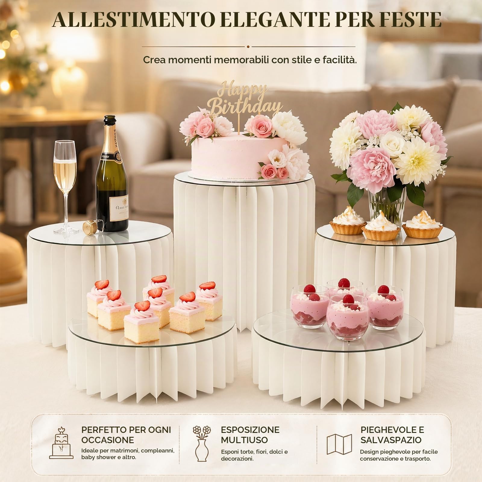 5 alzate pieghevoli per torte, alzate per buffet, espositore in cartone con piastre rotonde in acrilico, supporto per torte per matrimoni, compleanni, decorazioni per feste e buffet da