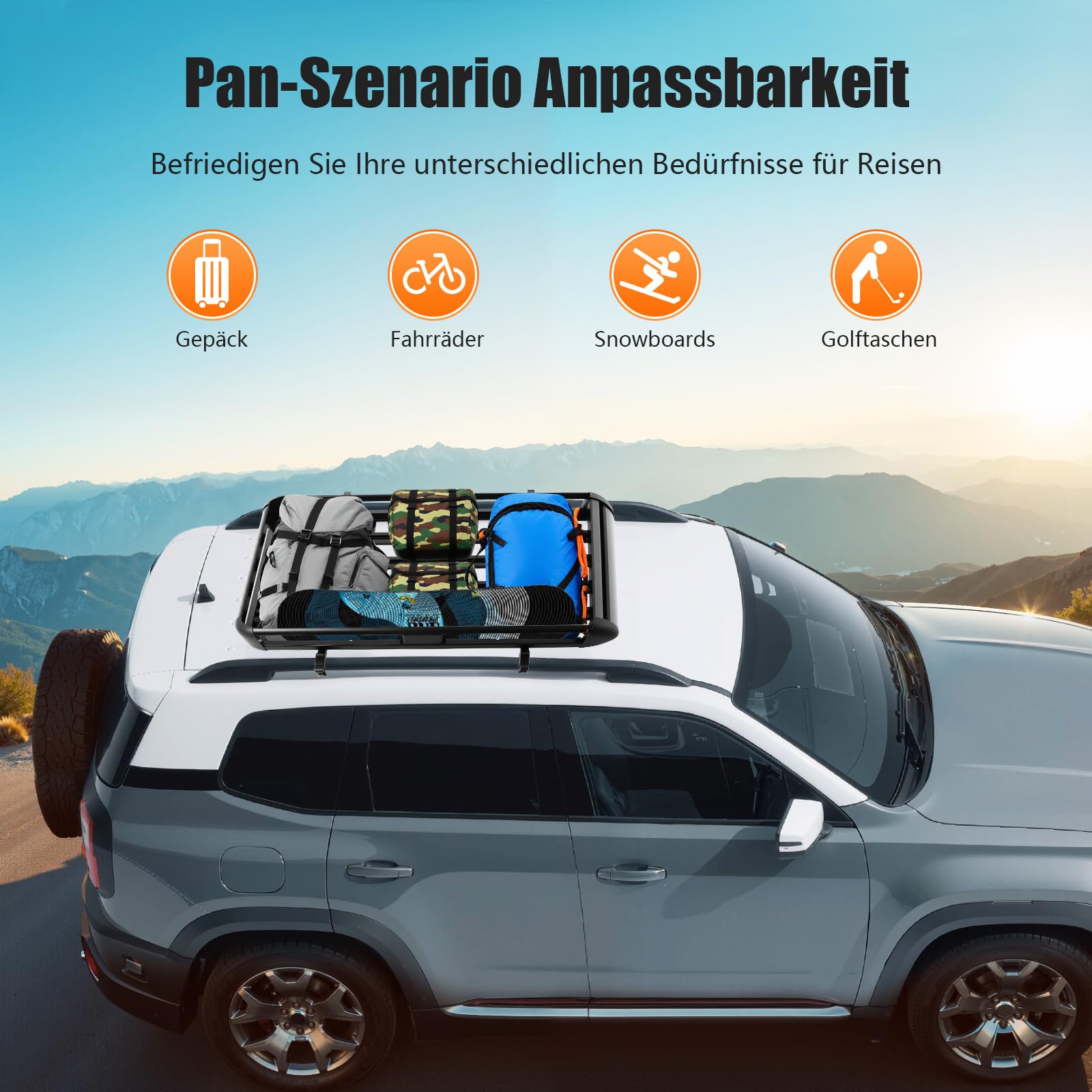 Portaequipajes universal para coche, cesta de techo de aluminio, capacidad de carga de 150 kg, color negro, ancho ajustable para modelos SUV. Barras de techo de 140 cm. Portaequipajes para