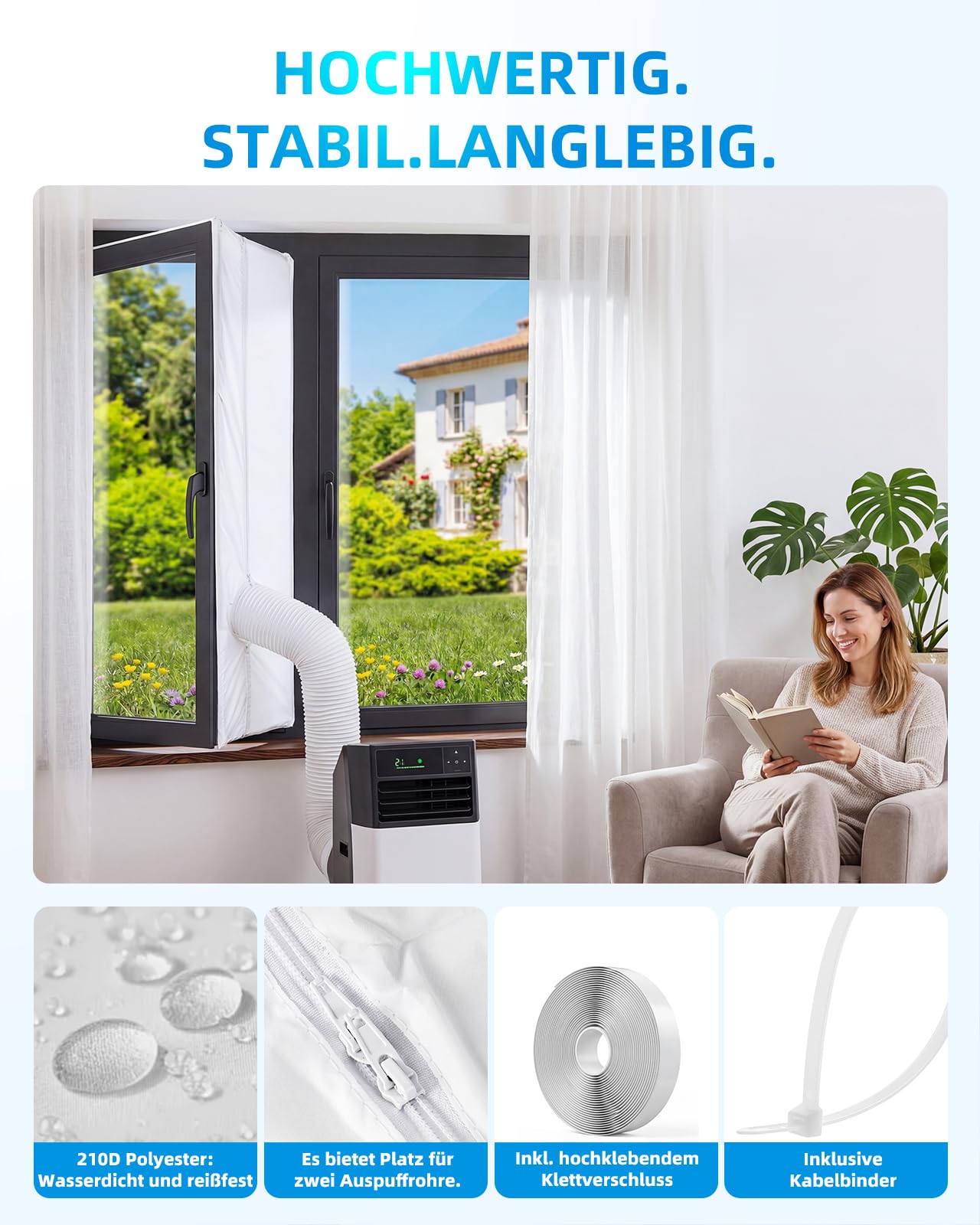 Fensterabdichtung für Mobile Klimageräte, 300CM Klimaanlage Fensterabdichtung Doppel-Reißverschluss für Flügelfenster, Kippfenster, Dachfenster, Kein Bohren, Einfache Montage
