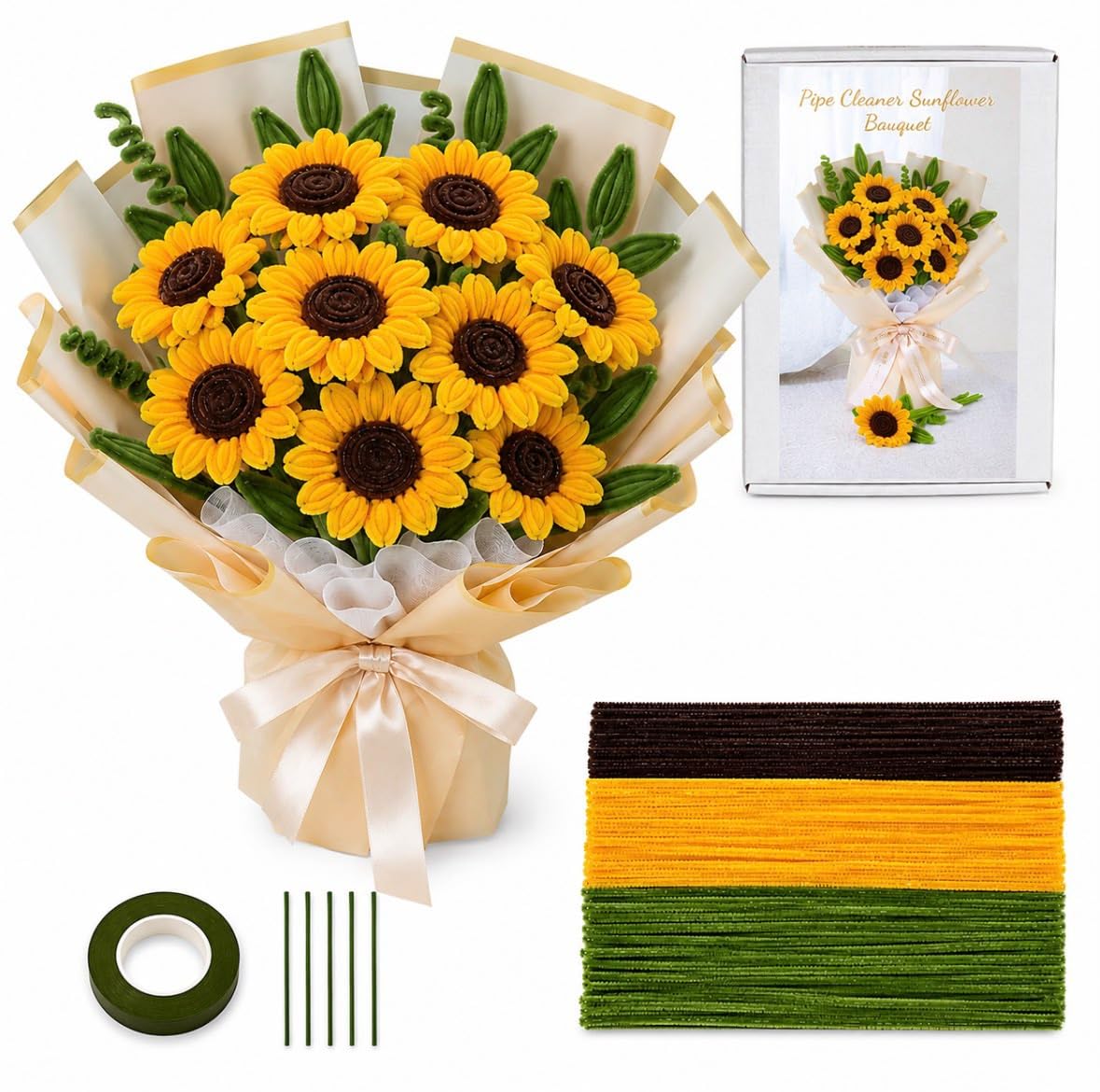 RUHANI 300 Pieces Pipe Cleaner Sunflower Bouquet Kit, Chenille Flower Craft Set-image-28