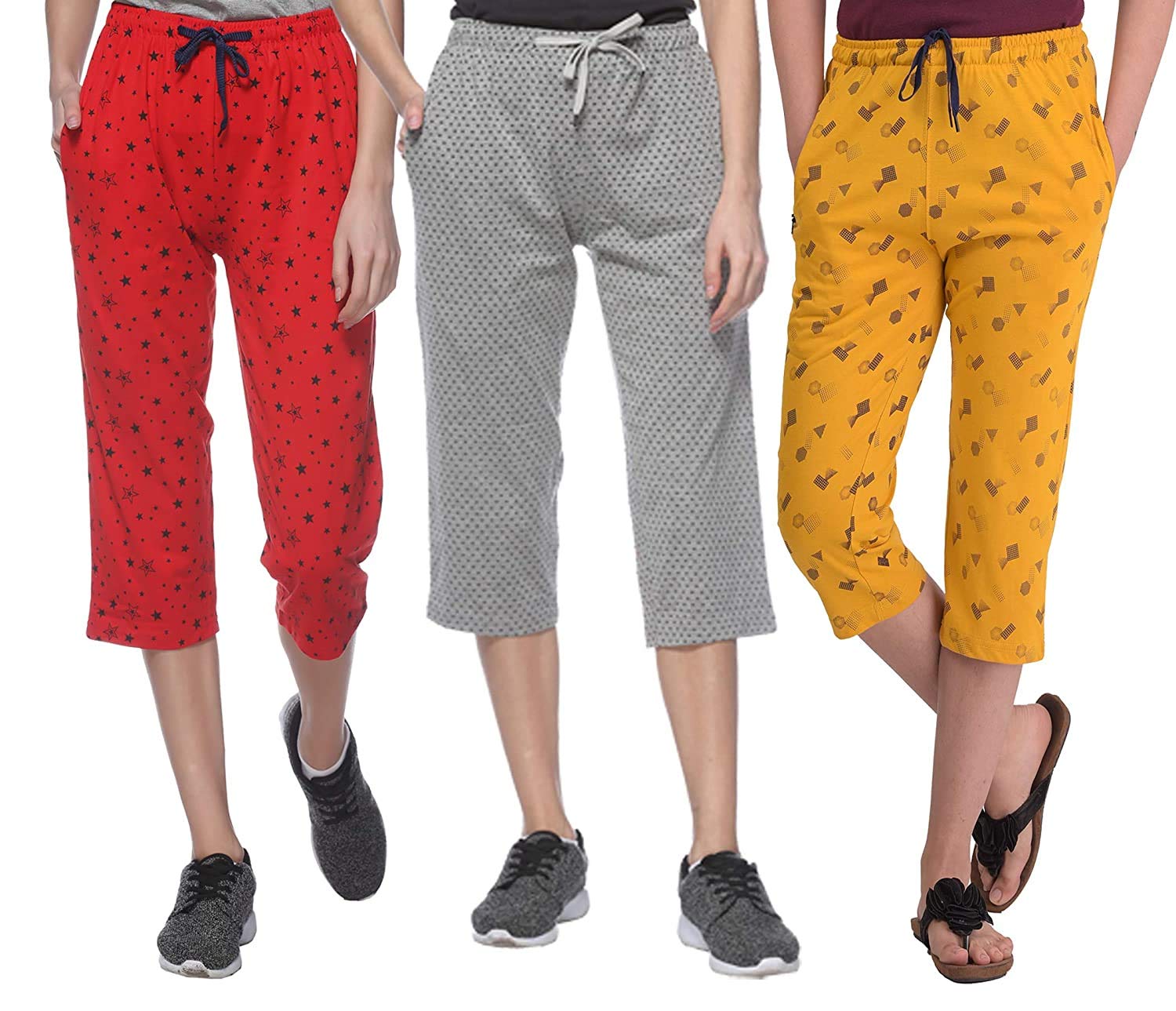 devil Women's Soft Cotton Printed 3/4 Capri Free Size (Multicolour,C03)-(Pack of 03)-picture-52