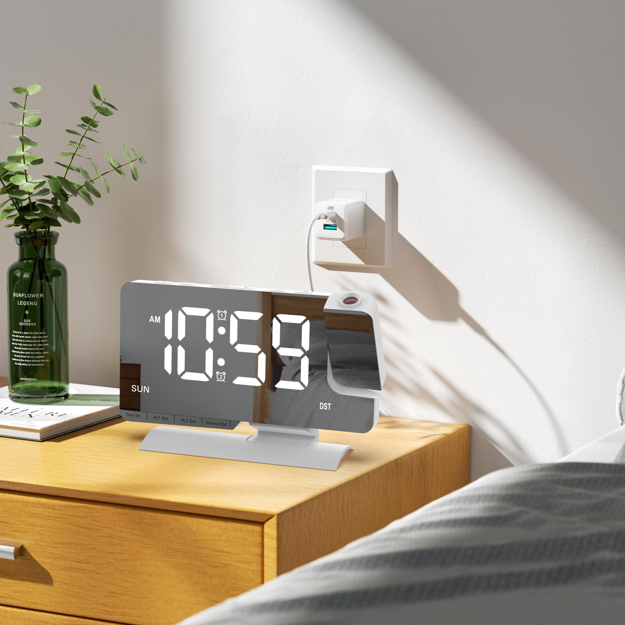 GAESHOW Sveglia con Proiettore Soffitto con Schermo a Specchio da 7,5 Pollici e 6 Livelli di Luminosità, Sveglia da Comodino Rotante 180°, Doppio Allarme, Snooze, Porte USB/Type-C, 5 Livelli di Volume