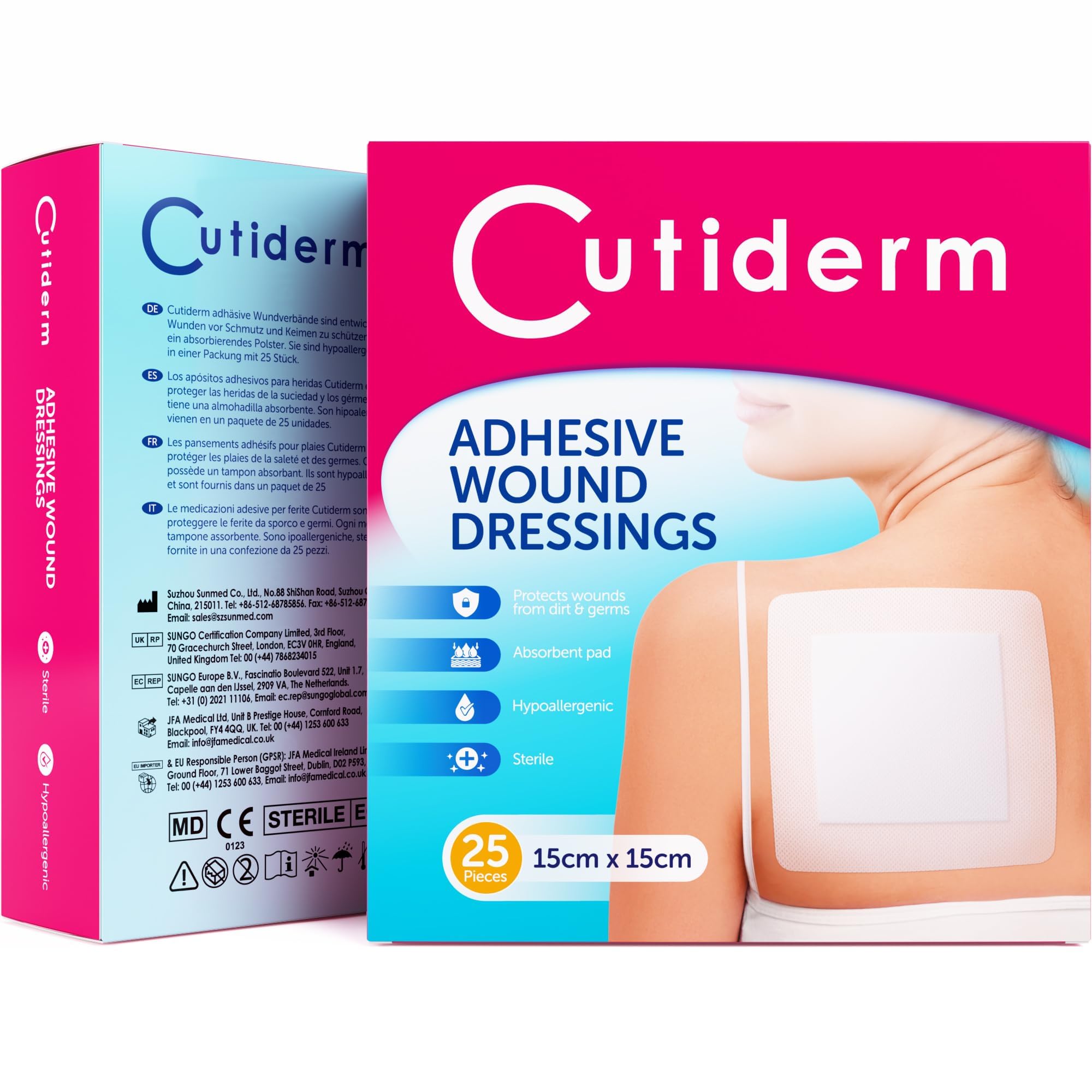 Cutiderm Apósito adhesivo estéril para heridas, 15cm x 15cm, caja de 25