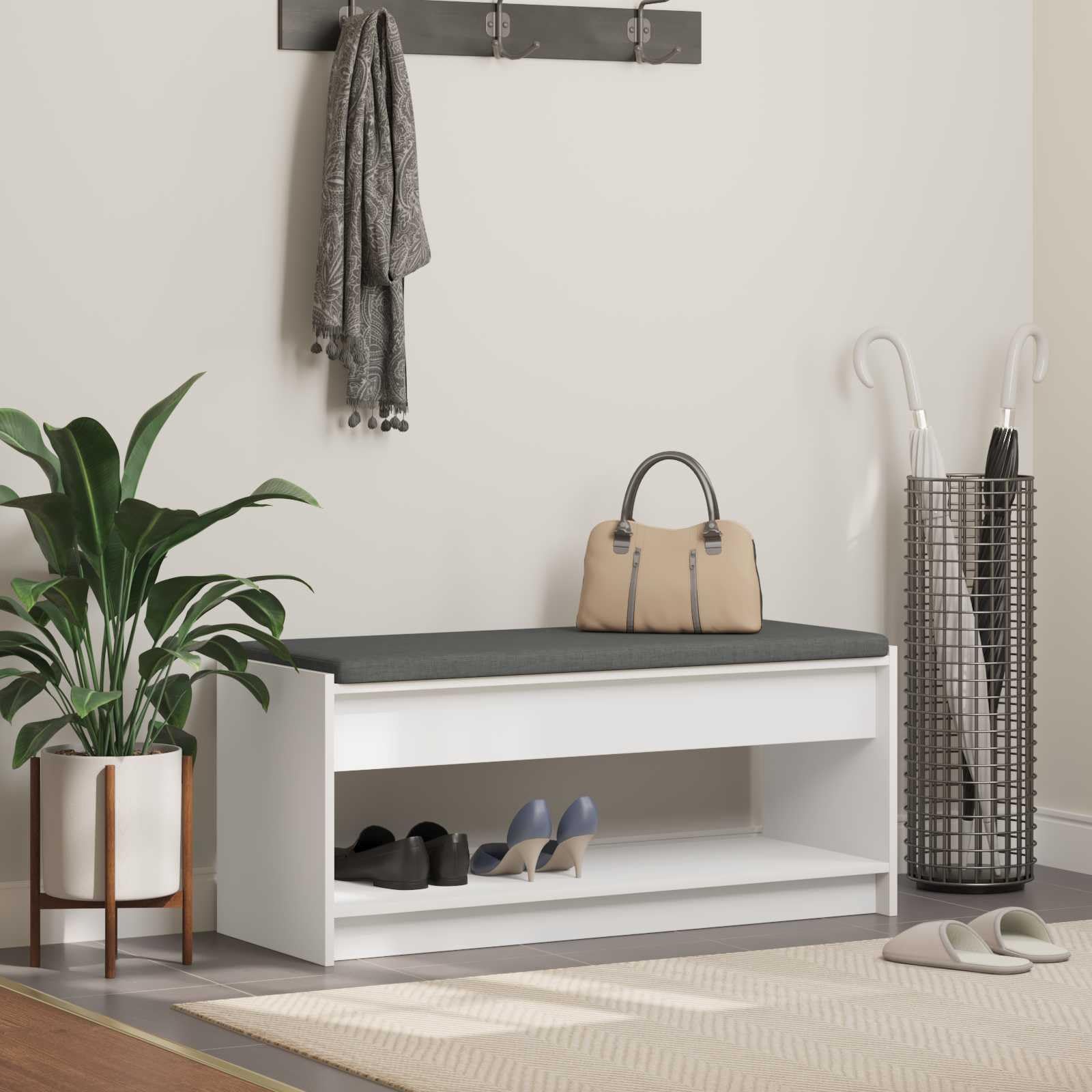 Banc de couloir blanc avec étagère et coussin rembourré en bois 103x38x45 cm
