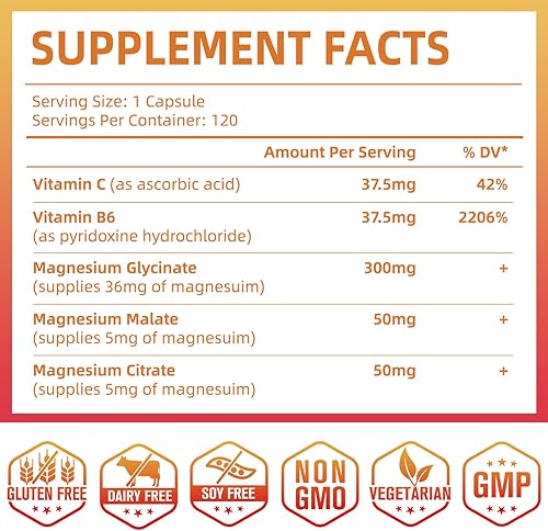 Miniatura 7 de Complejo triple de magnesio  400 mg de glicinato de magnesio, malato y citrato para músculos, nervios y energía  con vitamina C, B6 para alta