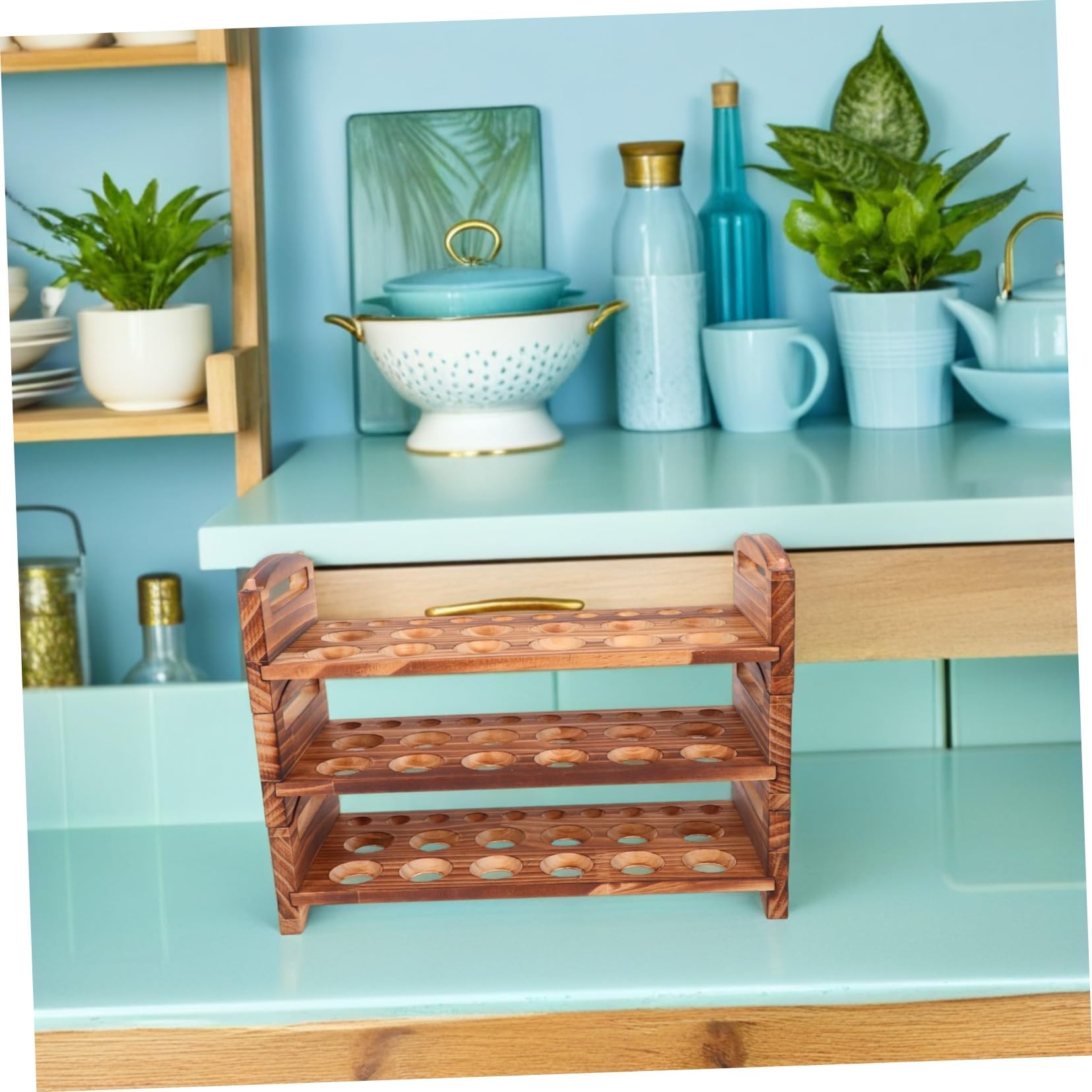 Soportes Apilables para Huevos de Madera Natural Organizador de Cocina Asa Estante Rústico para Huevos Frescos Encimera