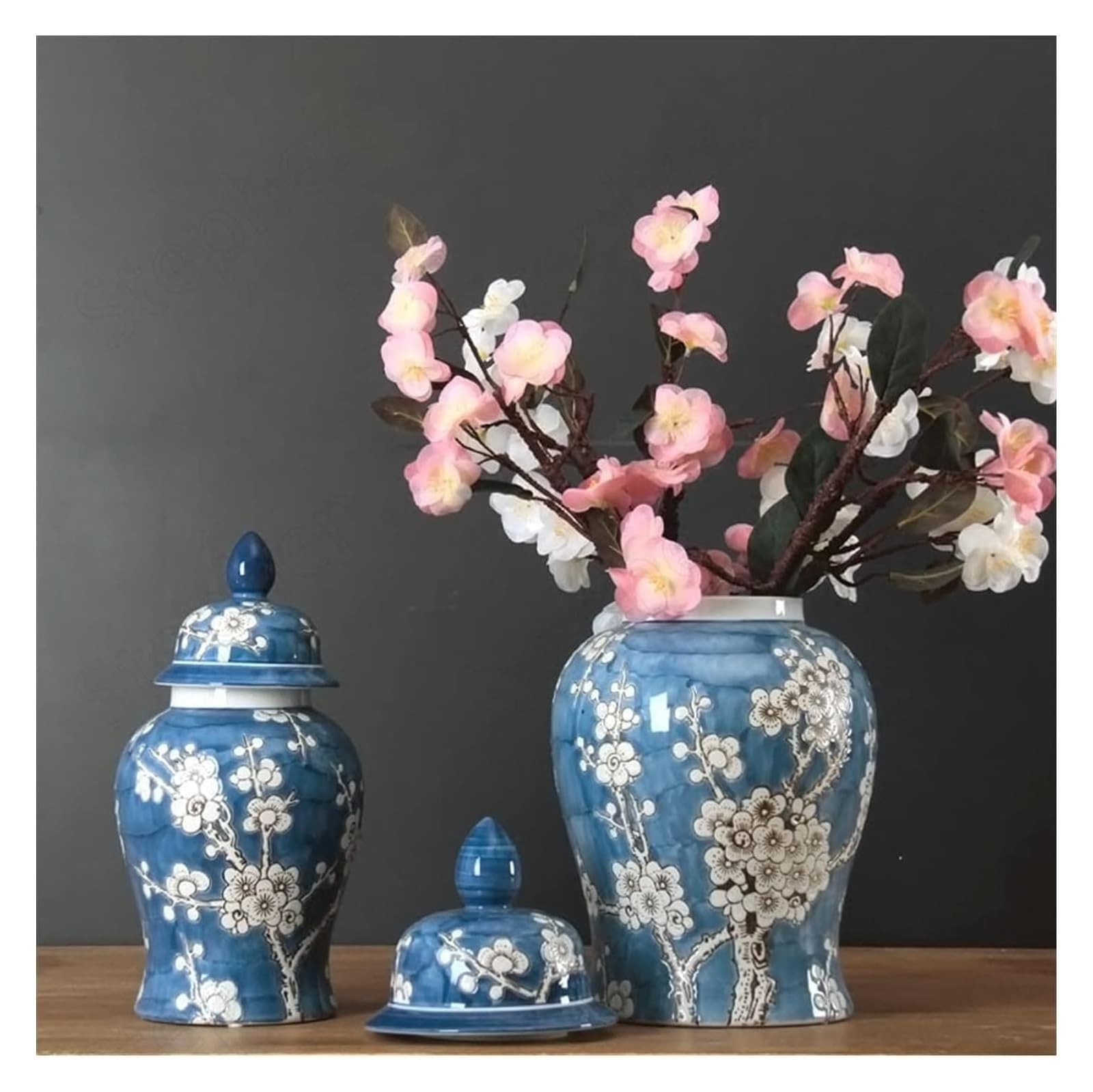 Jarrón de cerámica tetragonal Pintado, jarrón Chino de Porcelana Azul y Blanca con Relieve de Flor de Ciruelo, jarrones Altos de Suelo para Sala de Estar.