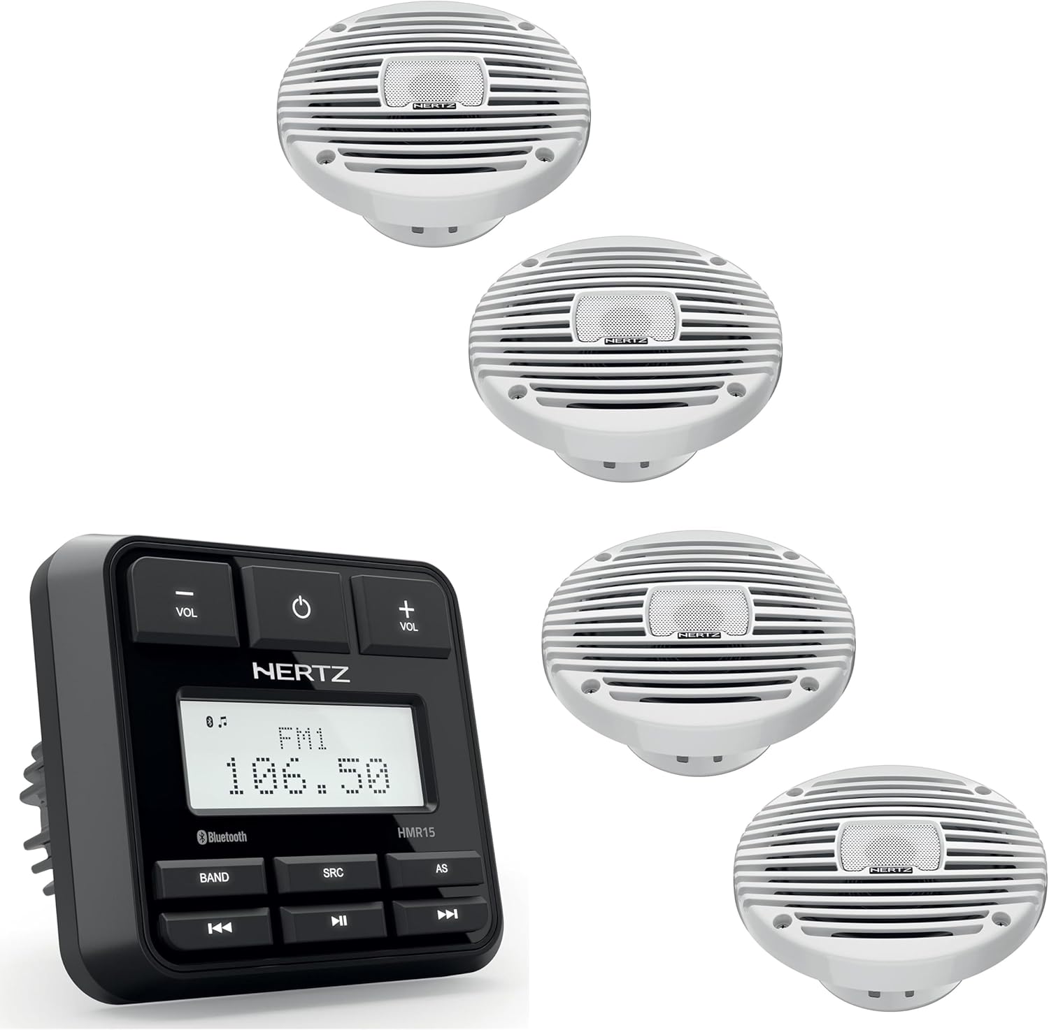 Hertz Marine Audio Bundle – HMR-15 Bluetooth AM/FM Marine Receiver + 4X HEX-65-M-TW 6.5” Marine Coaxial Speakers, White Grilles, Water & UV Resistant