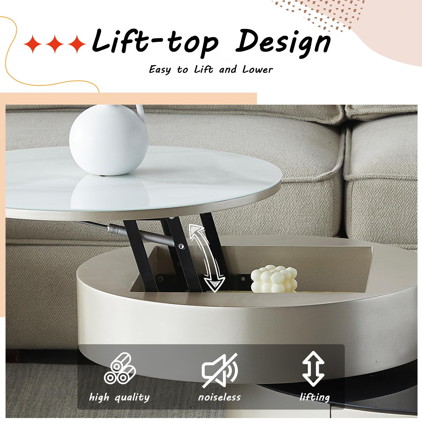 Table Basse Relevable Ronde 70x70x50 Cm - Avec Plateau Relevable Et étagère De Rangement