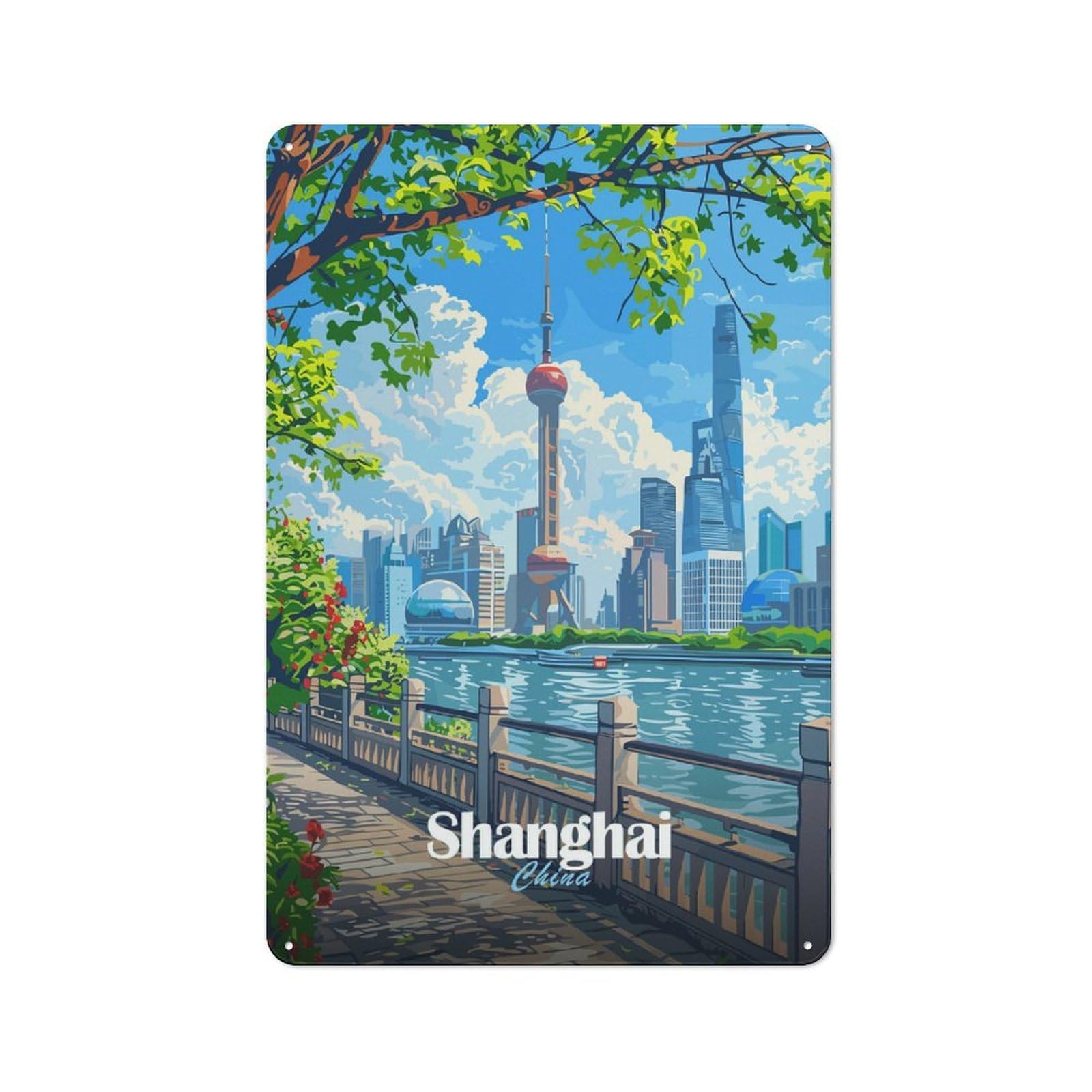 Junmoney Style-5 Metal Wall Sign 30X20cm Featuring Shanghai China Cityscape Illustration For Hallway Wall, For Hallway Decor Lovers, For Retro Home Interiors