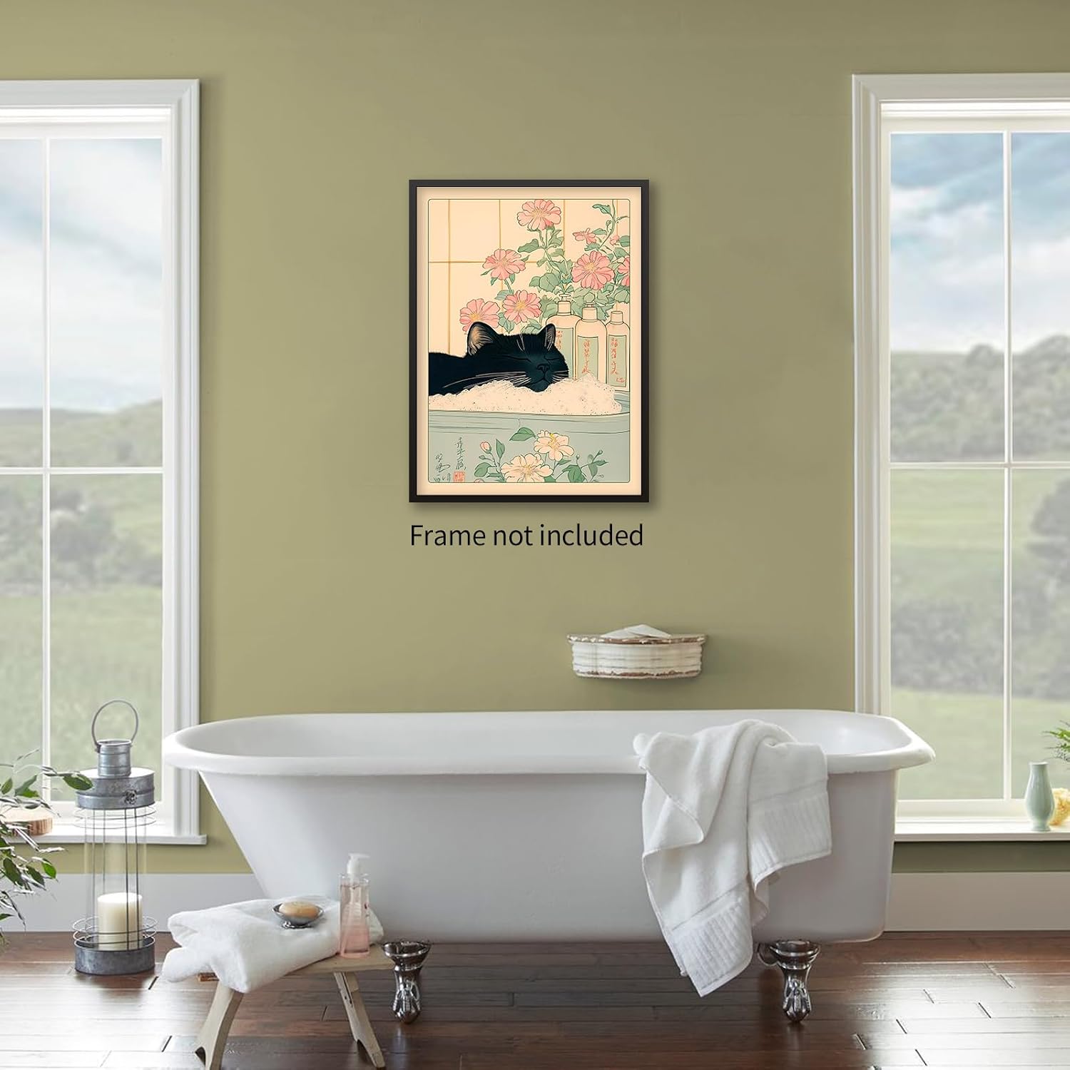 Heltrappe Black Cat in Bath Tub Canvas Poster Japanese Asian Bathroom Wall Art Vintage Cute Animal Aesthetic Prints for Bedroom Dormitory Wall Decor 12x16 inch Unframed image 3