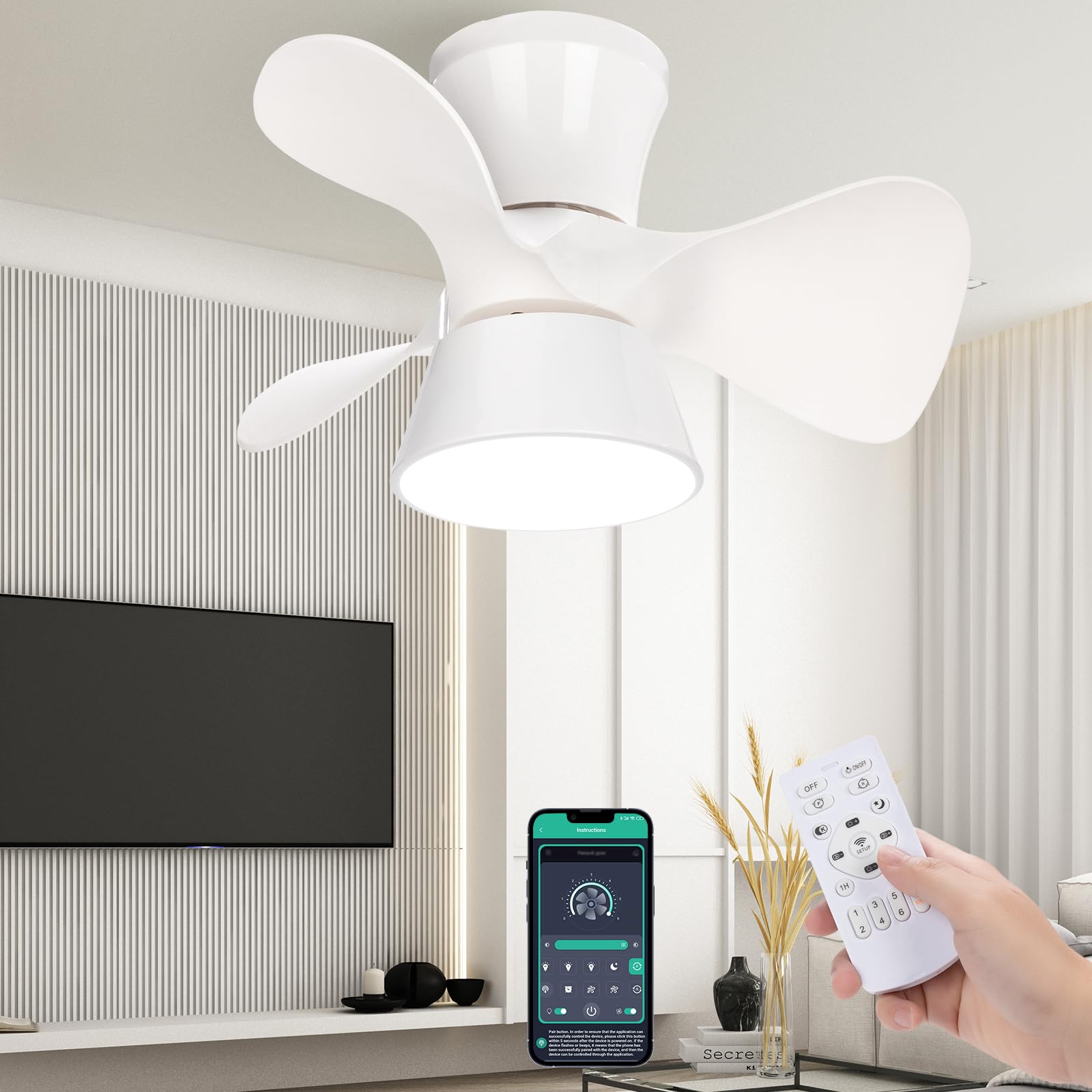 LPHUMEX Modern Ceiling Fan with Light and Remote, 22in 6 Speeds Reversible 3 Color Dimmable App Control Fan Lamp, White Flush Mount Lightings & Ceiling Fans for Bedroom Kitchen