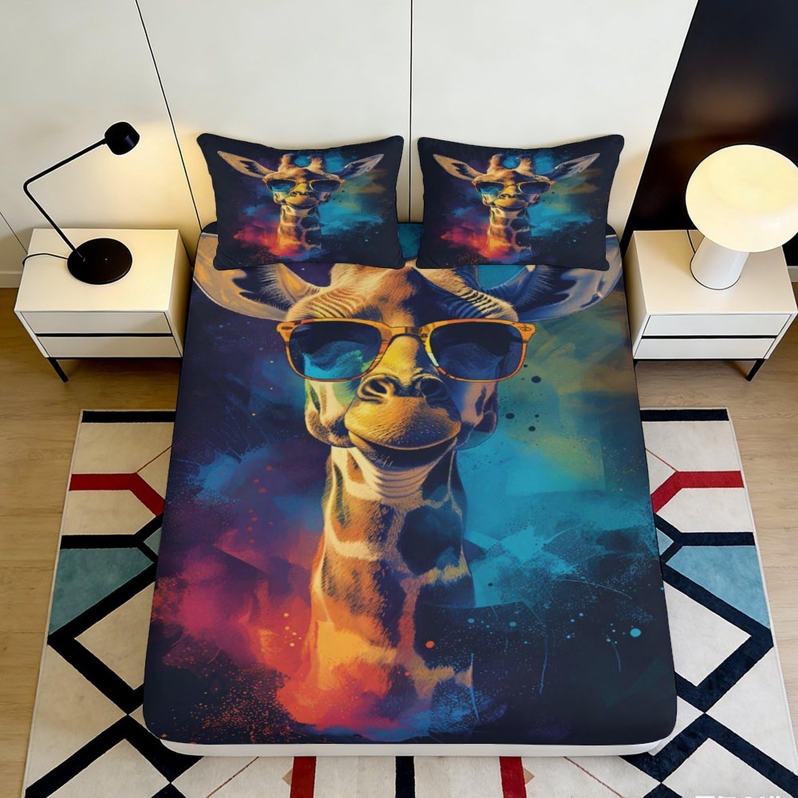 Jqzkxnhpbr Style-1 3D Printed Colourful Giraffe Fitted Sheet Microfiber Soft Bedroom Decor Funky Sunglasses Mattress Cover For Home Dorm 90X200x25cm