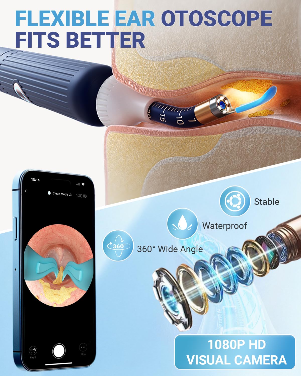 Ear Wax Removal Tool Camera, Flexible Wireless Ear Cleaner with Camera Otoscope Light, HD Painless Visual Ear Picker Tweezers Earwax Remover, Portable Safe Ear Cleaning Kit for Adults & Kids