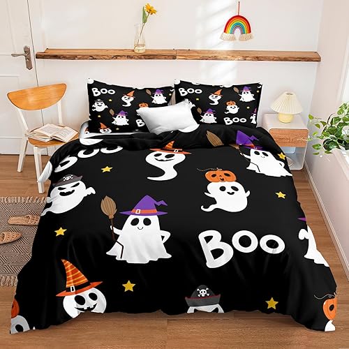 Juego de funda de edredón de Halloween, ropa de cama Queen de 3 piezas, lindos fantasmas negros y sombrero de bruja con patrón impreso para niños y