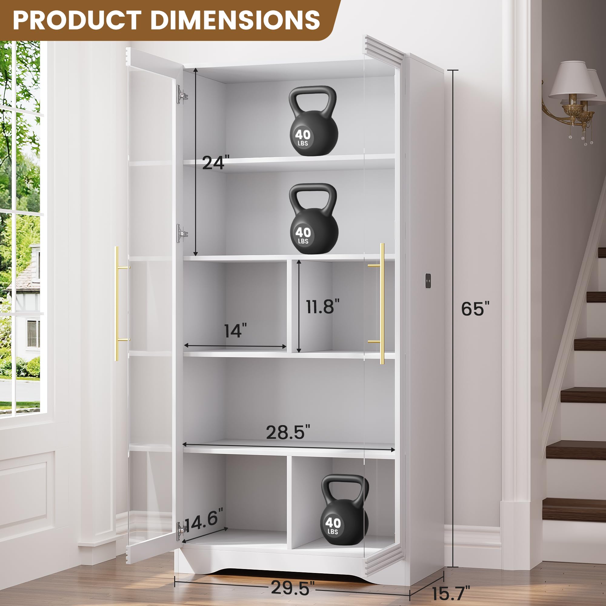 LVSOMT Glasvitrine mit LED Beleuchtung und Glastüren, Moderner Vitrinenschrank mit Intelligente Sensor, 5-Lagen Glasvitrine Vitrinenschrank für Sammlerstücke, Figuren für Wohnzimmer Schlafzimmer, Weiß