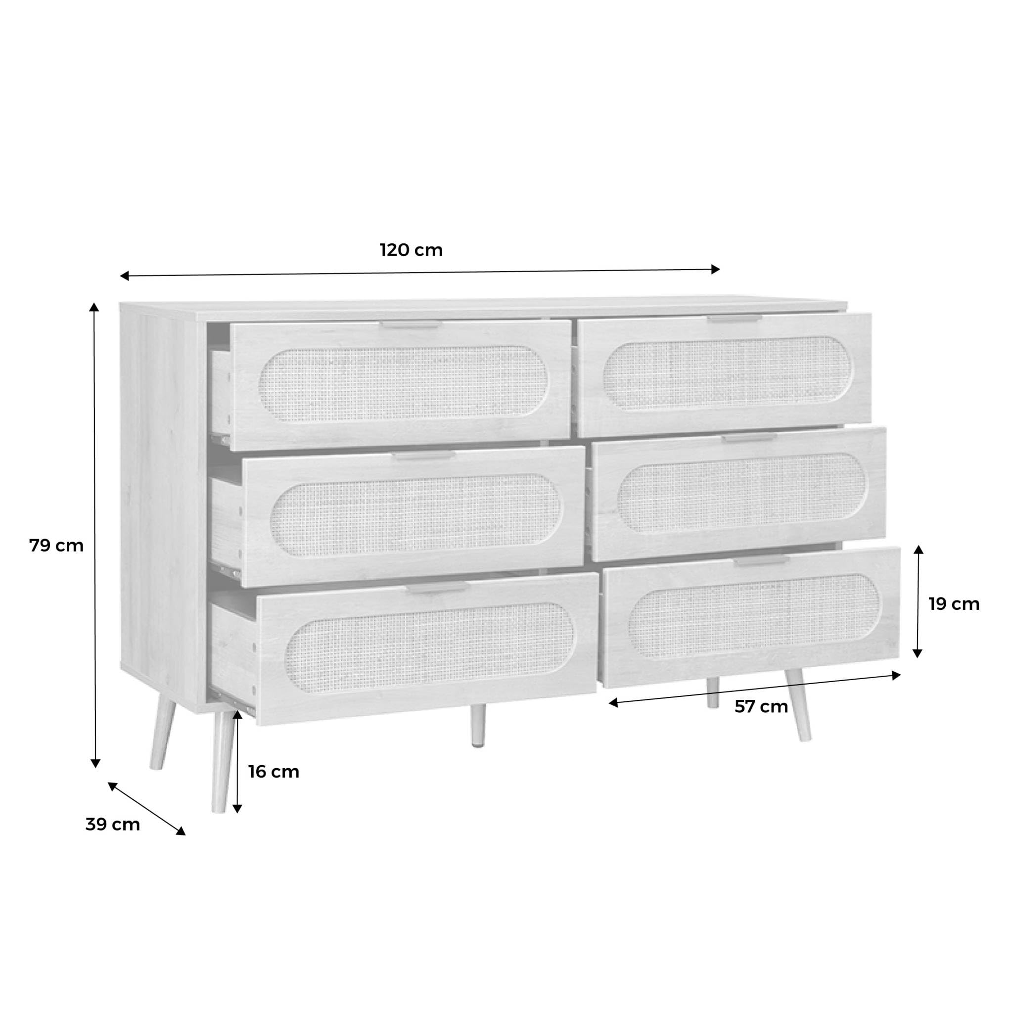 Alice's Garden sweeek - Commode. Eva. 6 tiroirs. décor Bois. cannage Arrondi L 120 x l 39 x H 79cm
