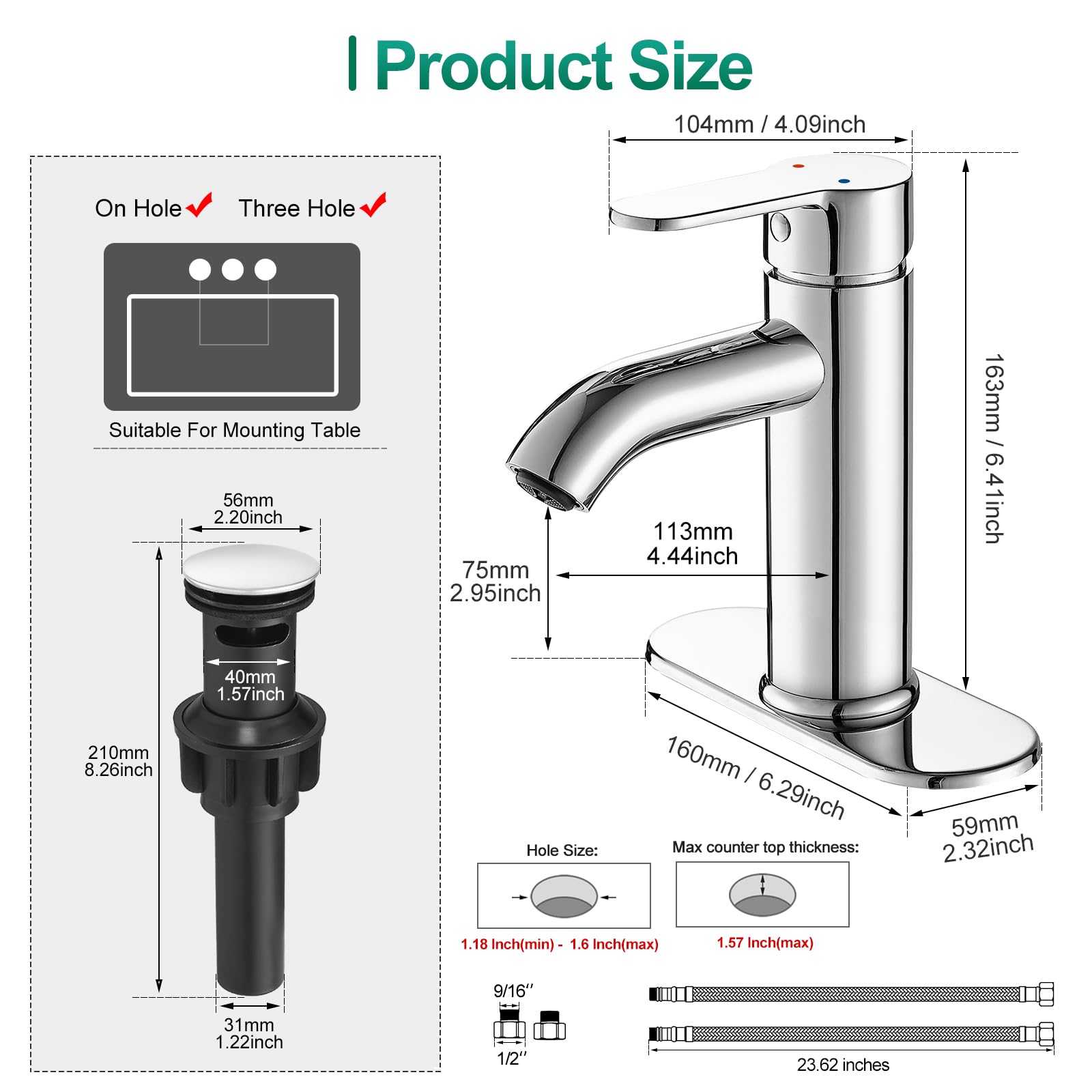 VOTON Chrome Bathroom Sink Faucet Single Handle Stainless Steel for 1 or 3 Hole Faucet for Bathroom Sink — view 3