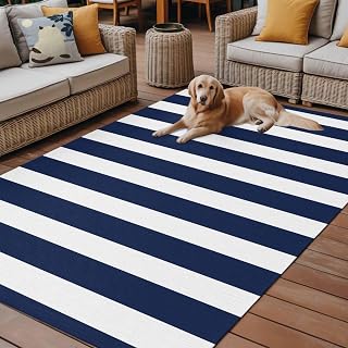 Outdoor Area Rug 6x9ft Washable Carpets,Modern White and Navy Blue Stripe Large Patio Rugs Outside Pads for Deck Balcony Backyard Camping Minimalist Art Line Texture