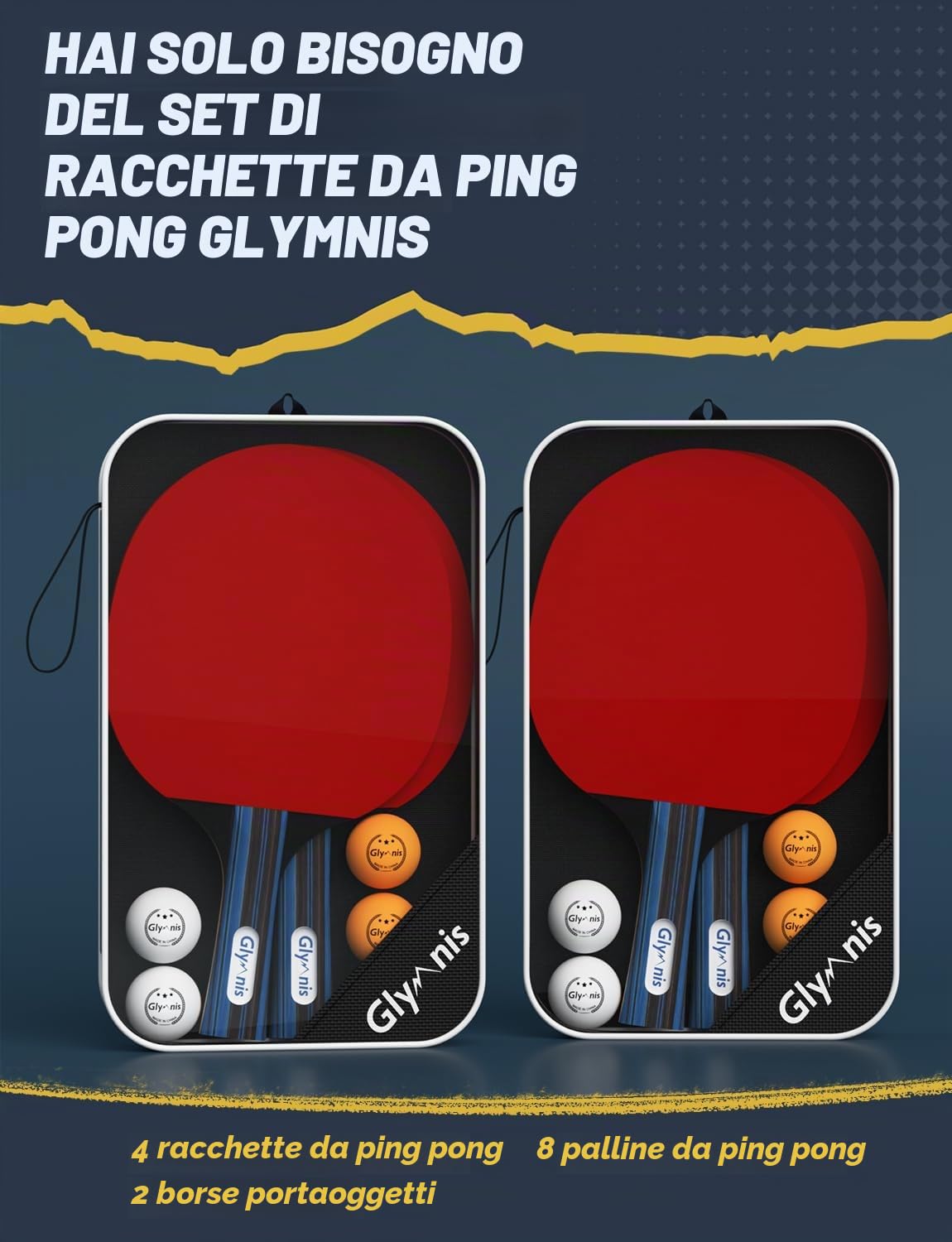 Glymnis Ping Pong Set da Tavolo Portatile, 4 Racchette da Ping Pong con Palline, Custodia per Accessori da Ping pong per Interni ed Esterni,Per Principianti,Professionisti