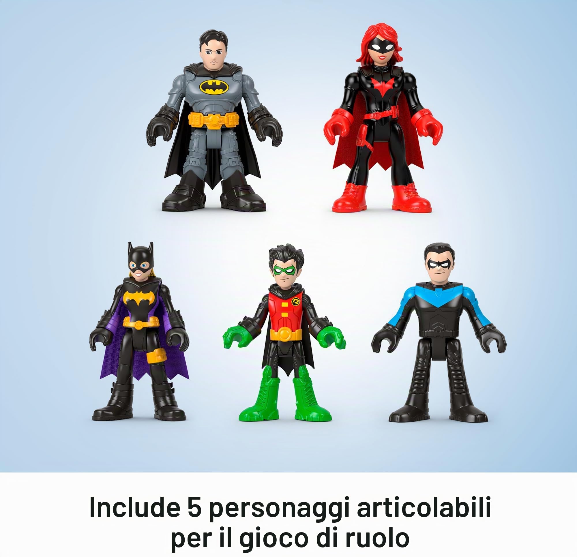 Imaginext DC Super Friends - Multipack Batman, set da 5 personaggi snodati e 7 accessori, include Batglider che lancia i proiettili, avventure di Gotham City, giocattolo per bambini, 3+ anni, HML03
