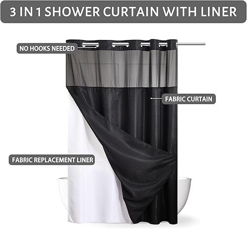 Miniatura 6 de Furlinic Cortina de ducha sin gancho con forro a presión, cortina de baño texturizada de tela resistente con ventana transparente, impermeable y