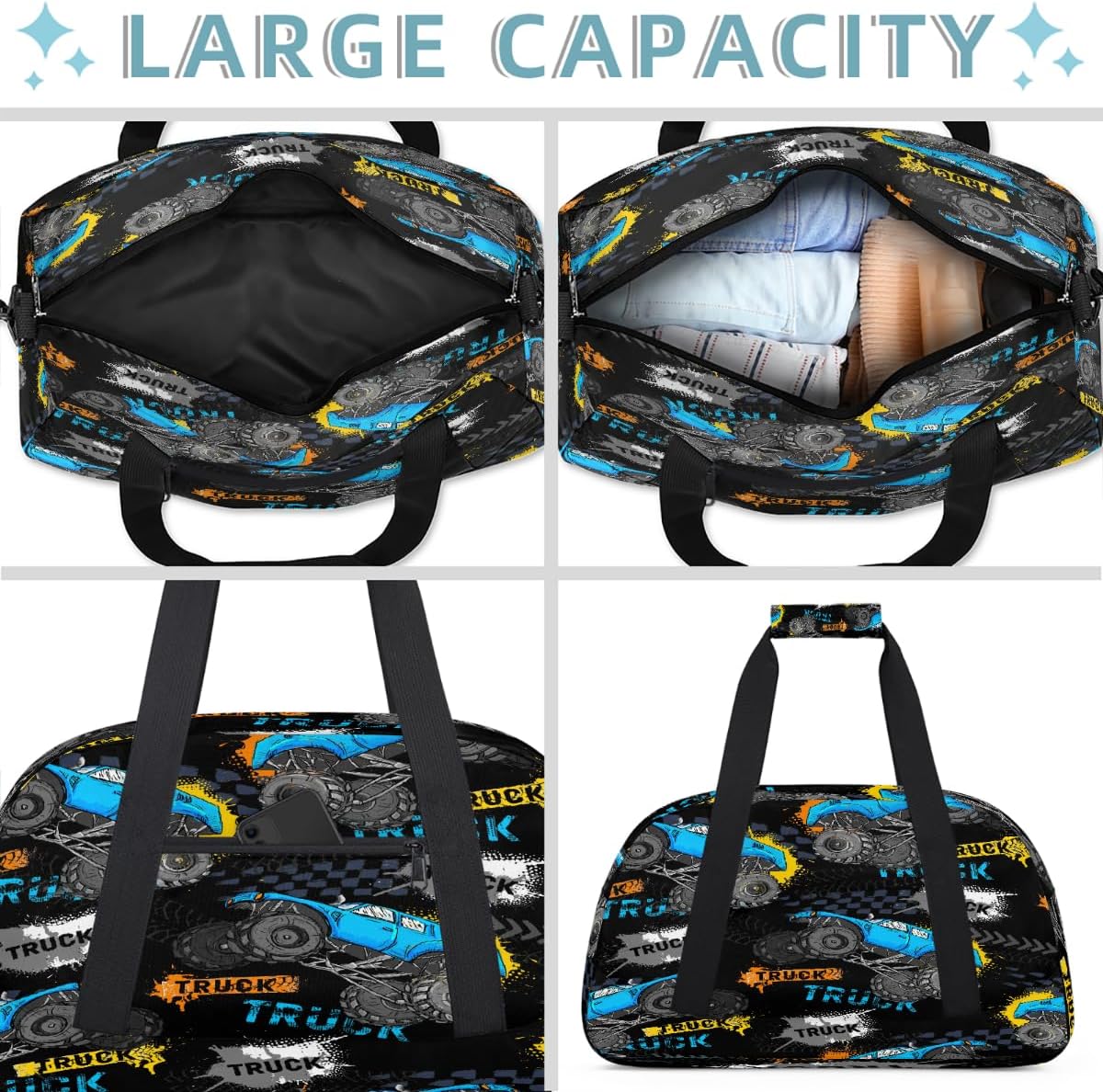 Kids Travel Duffle Bag - Large Sports Gym Bags Duffel Tote for Boys Girls Carry On Weekender Overnight Sleepover Bag(Off-Road Trucks)