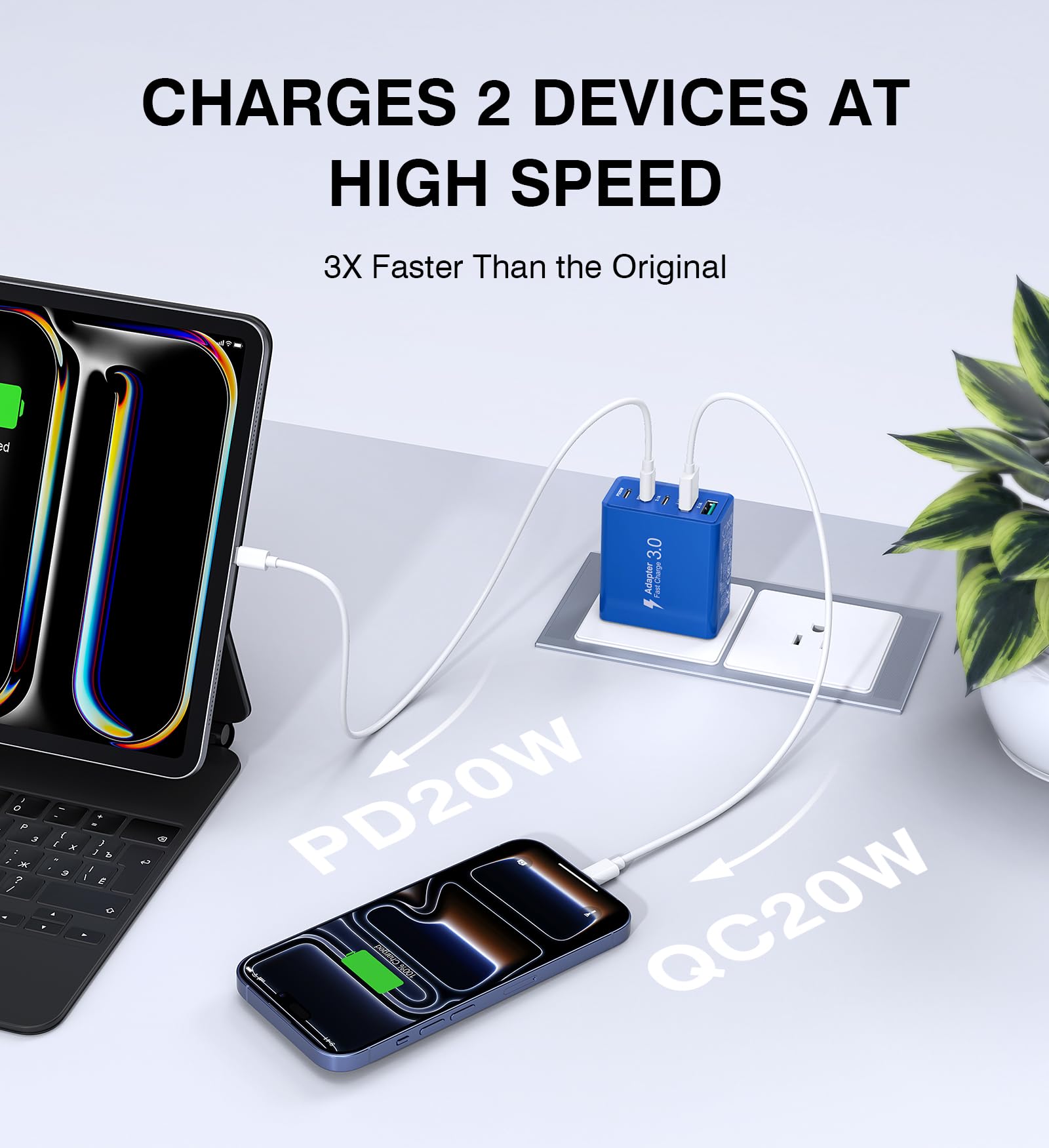 Chargeur rapide USB-C 50 W, lot de 2, bloc de charge PD+QC, adaptateur secteur, prise murale 5 ports, pour iPhone 15 14 13 12, Motorola, LG, Google Pixel