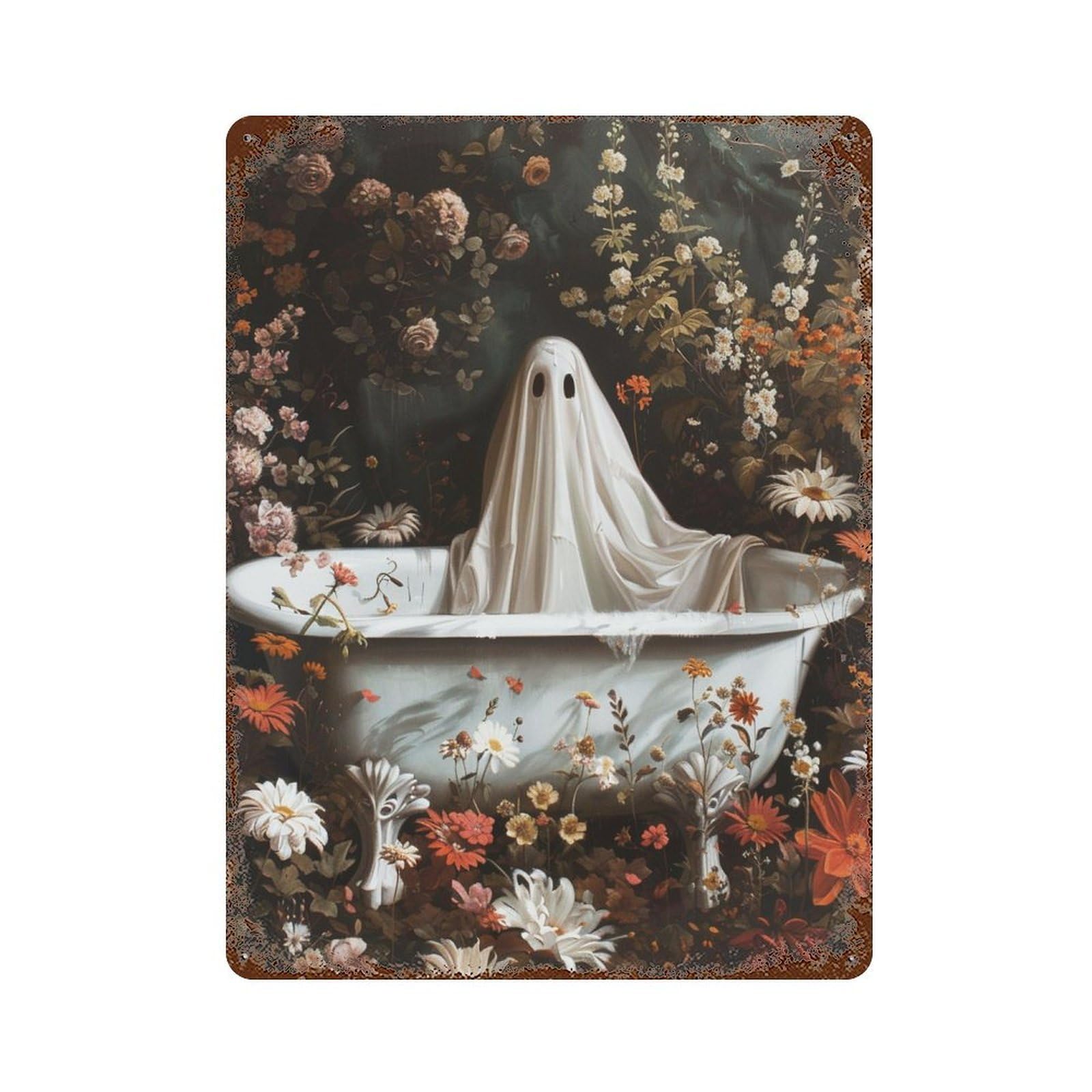 Ghost in Bathtub with Flowers Weathered Tin Sign 15.7"x11.8", Industrial Home Decor for Basement, Hobby Room And Garage Decor