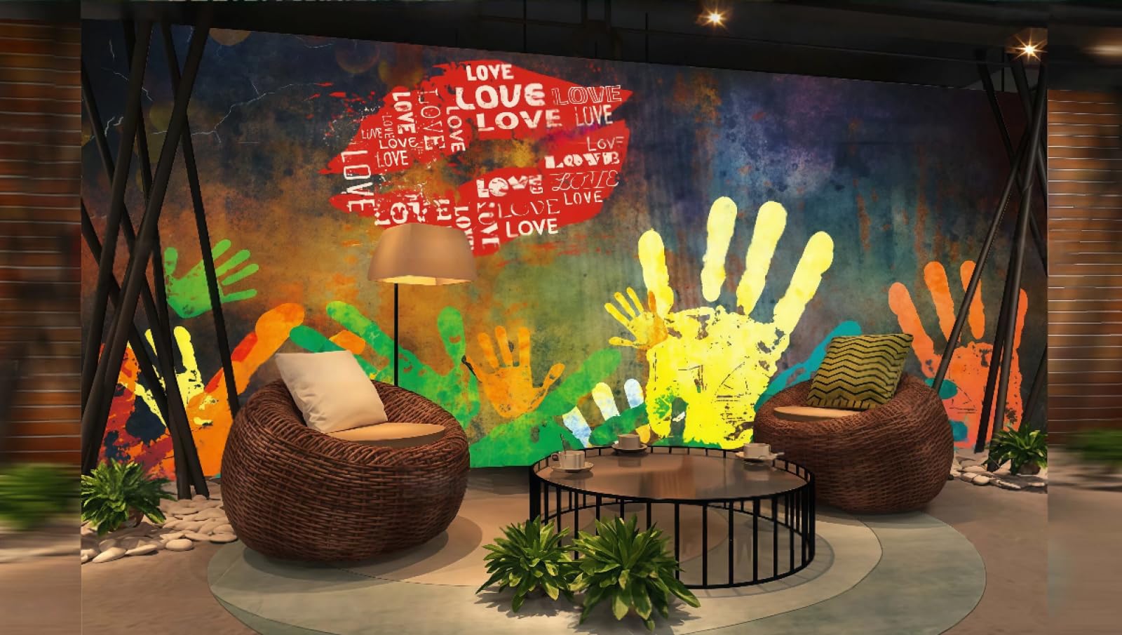 rskjdghshd Wallpaper Hand-Painted Graffiti Colorful Palm Print Decorative Painting Burger Shop Music Bar Background Wall Western Restaurant Wallpaper Cafe Mural,3D,250x175cm