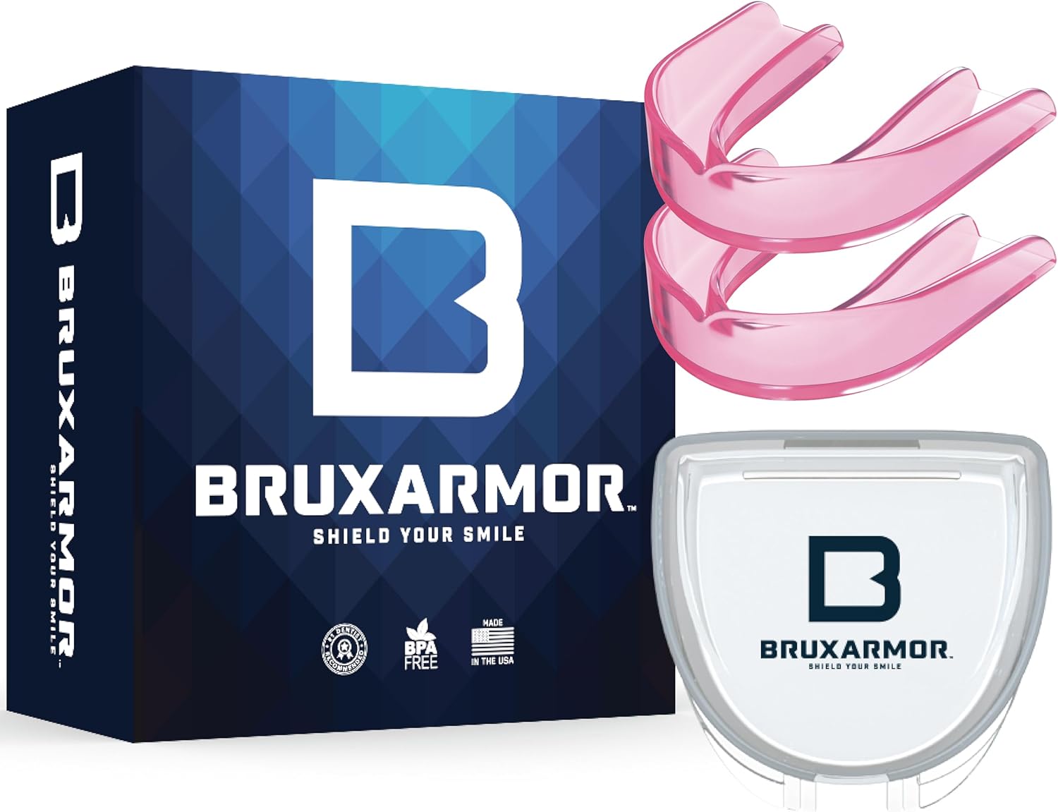 BruxArmor Mouth Guard for Grinding & Clenching Teeth at Night, Moldable Sleep Nightguard, Nightguard for Teeth Grinding, Pink 2 Pack Plus Case