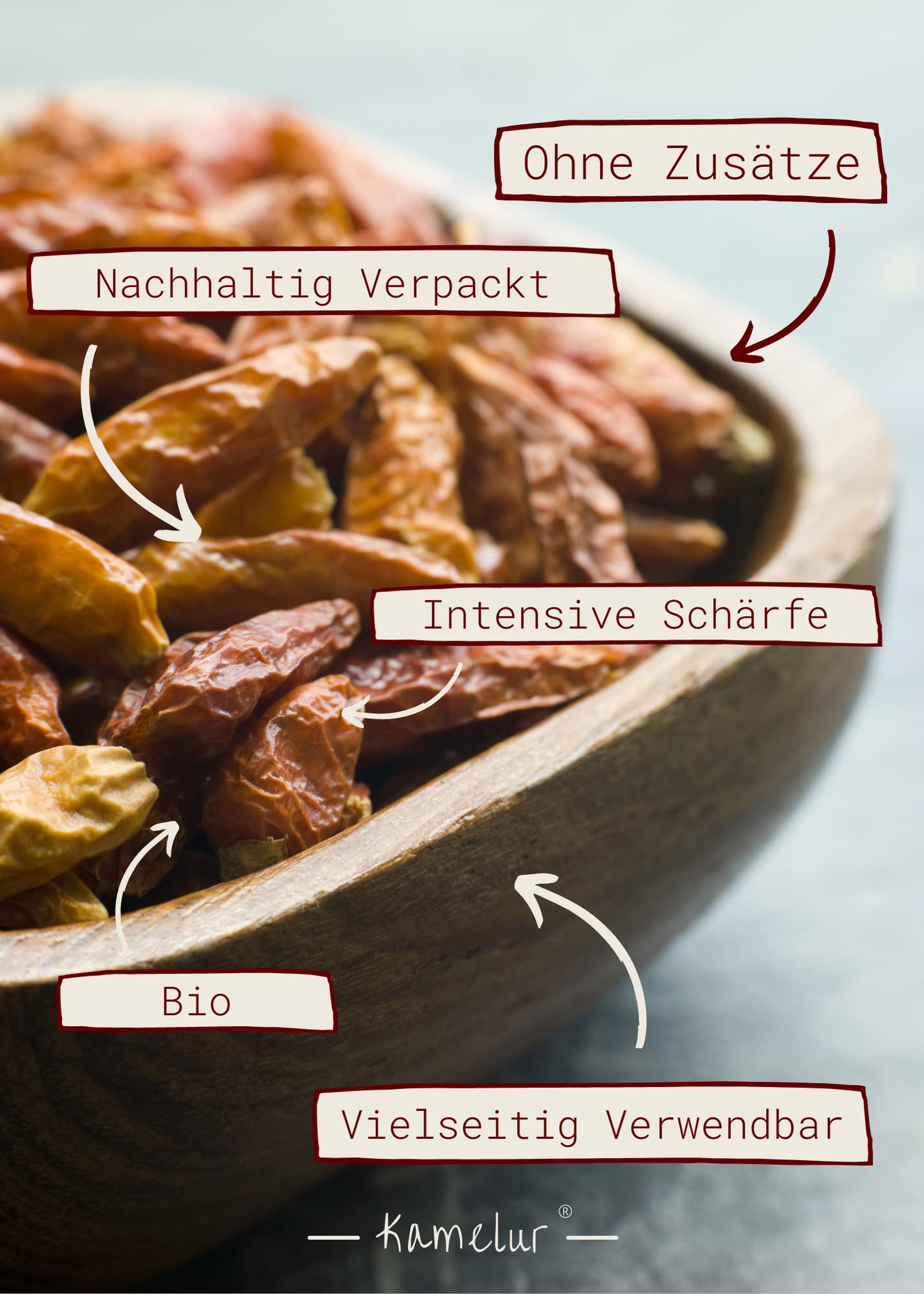 Kamelur gousses de piment bio 'Birds Eye' entières, doucement séchés, sans additifs, 120 000 Scoville, dans un emballage biodégradable 500 g (Lot de 1)