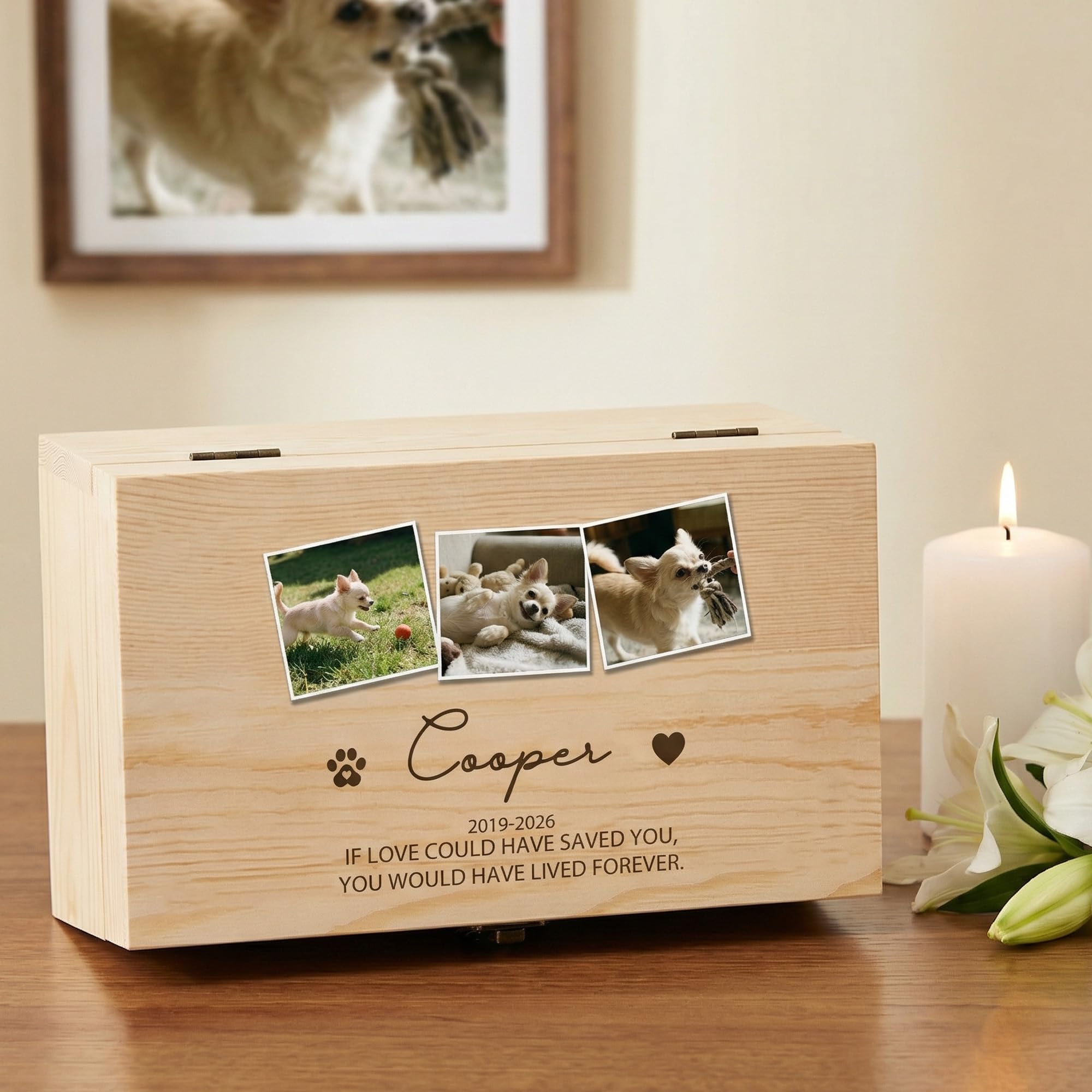 callie Personalised Pet Cremation Urn Box for Dog Cat, Custom Photo Wooden Memorial Keepsake, Remembrance Gift, 3 Sizes