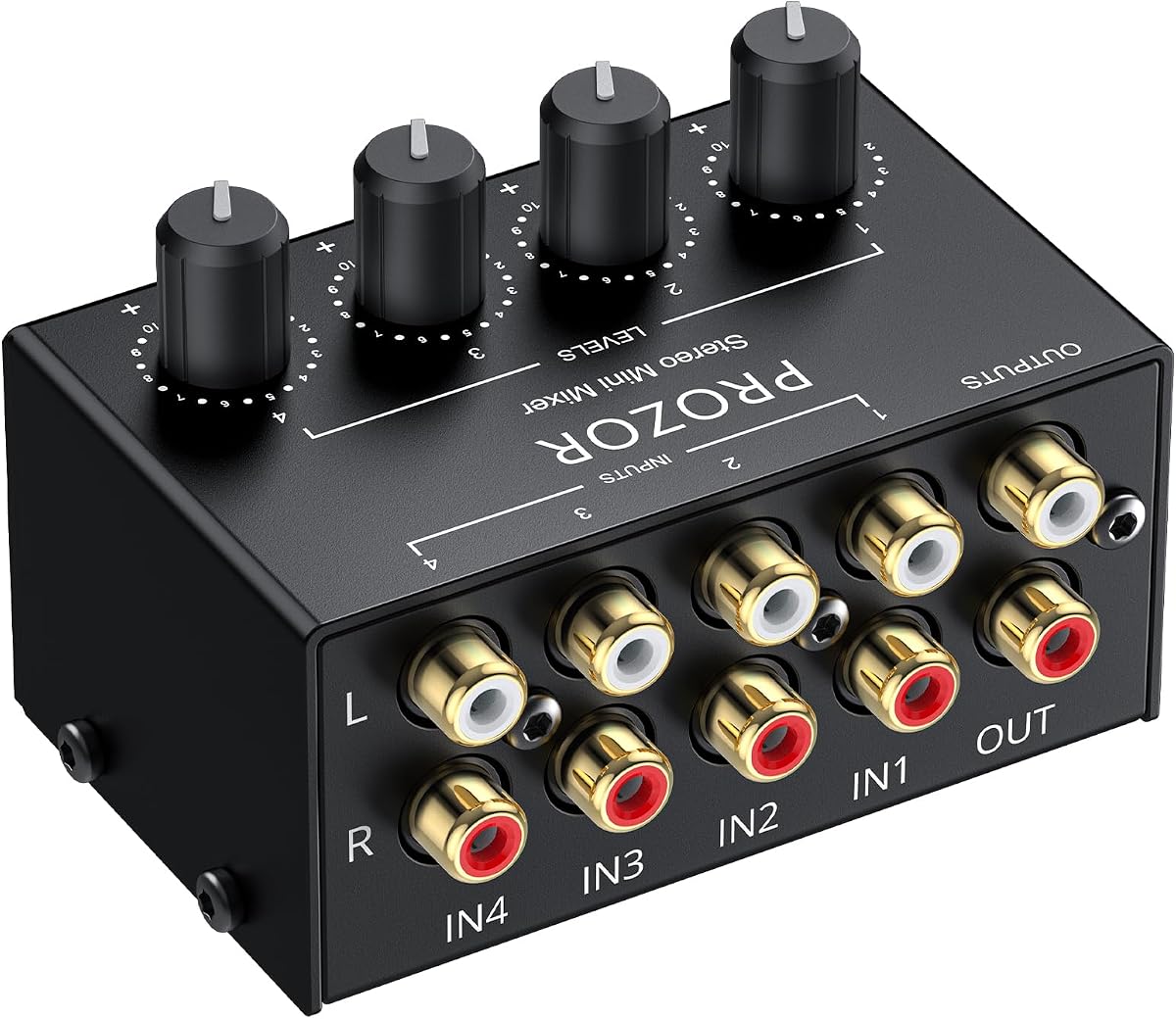 Mezclador de audio estéreo de 4 canales, controles de volumen independientes de entrada RCA | Mezclador de entrada y salida RCA con ajuste de volumen, carcasa totalmente metálica, no requiere alimentación para DJ y cine en casa