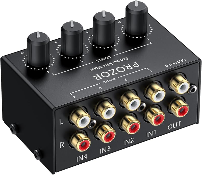 Mezclador de audio estéreo de 4 canales, controles de volumen independientes de entrada RCA | Mezclador de entrada y salida RCA con ajuste de volumen, carcasa totalmente metálica, no requiere alimentación para DJ y cine en casa