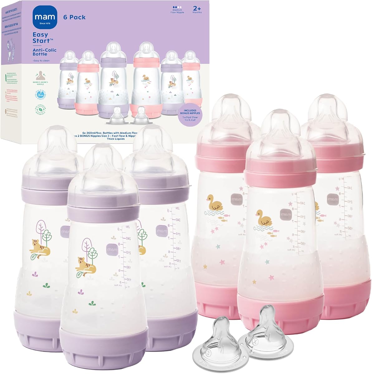 MAM Biberones anticólicos + ventilados Easy Start de 9 oz, 2+ meses, paquete de 6, niña | Flujo medio + 2 tetinas adicionales (flujo rápido y extra rápido), reduce los cólicos, los gases y el reflujo, fácil de limpiar, sin BPA, fabricado en Europa