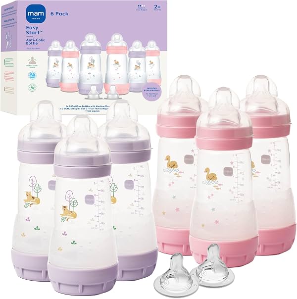 MAM 9oz Easy Start Anti-Colic+ Vented Baby Bottles, 2+ meses, 6 piezas, Niña | Flujo medio + 2 tetinas de regalo (flujo rápido y extra rápido), Reduce cólicos, gases y reflujo, Fácil limpieza, Sin BPA, Hecho en Europa
