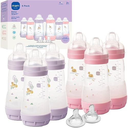 MAM 9oz Easy Start Anti-Colic+ Baby Bottles, Medium Flow with 2 Bonus Nipples Set (Fast & Extra Fast Flow), Reduces Colic, Gas, & Reflux, Easy-To-Clean, BPA-Free, 2+ Months, Made In Europe, 6 Pk, Girl