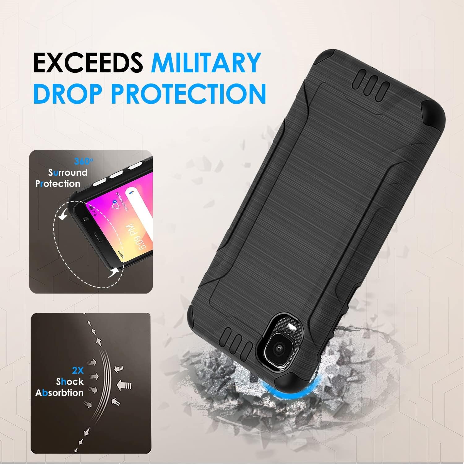 TJS Compatible with Alcatel TCL A3 A509DL Case/TCL A30 Case, with Tempered Glass Screen Protector, Belt Clip Holster Hybrid Kickstand Heavy Duty Cover Drop Protector Phone Case (Black)