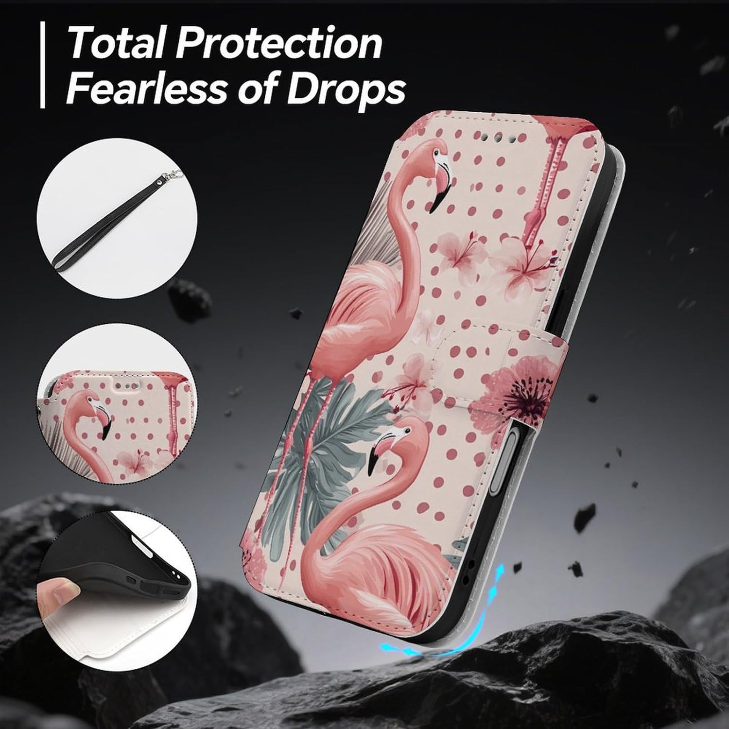 Flamingos Tropical Flowers Polka Dots Compatible with iPhone 16/16 Plus/16 Pro/16 Pro Max/16 E Case Phone Wallet Card Holder Flip Cover with Wrist Strap