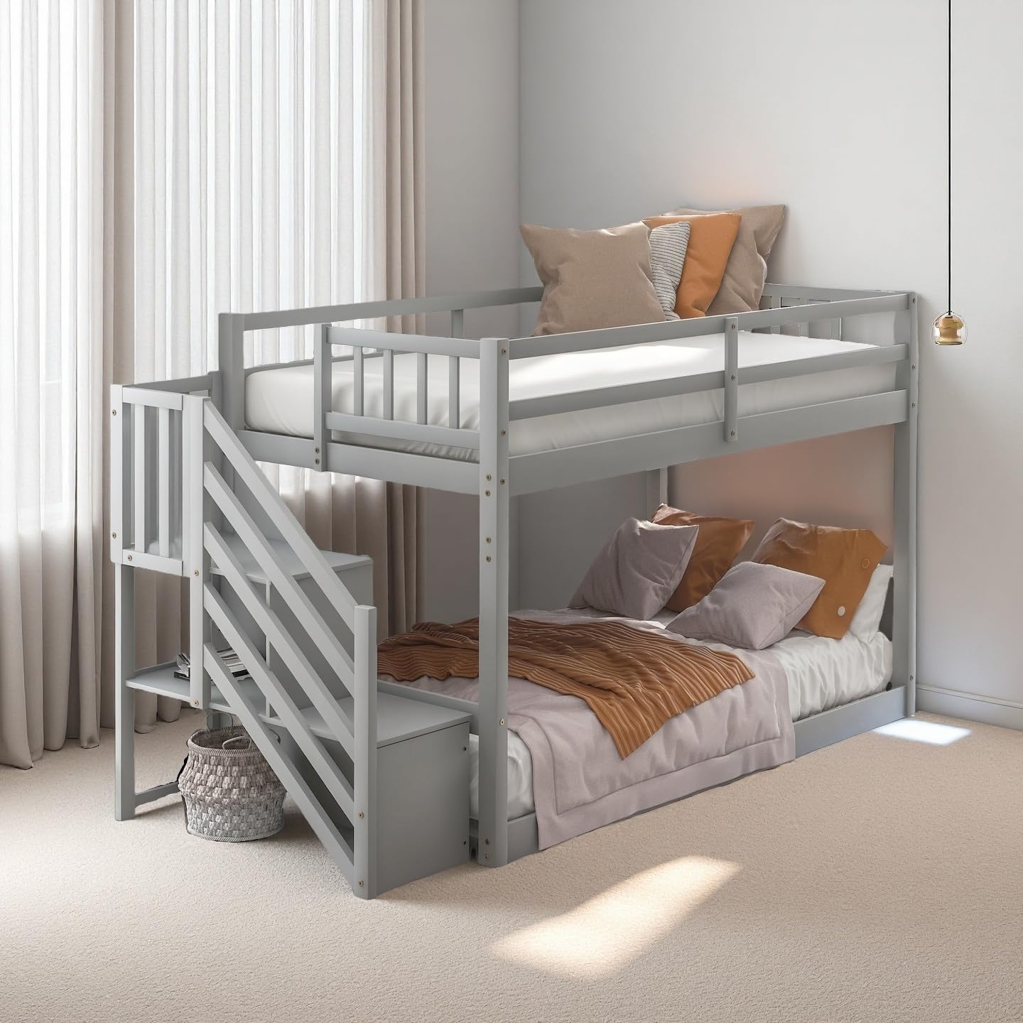 SOFTSEA Solid Wood Bunk Bed with Stairs Twin Over Twin Low Bunk Bed, No Box Spring Required (Gray)