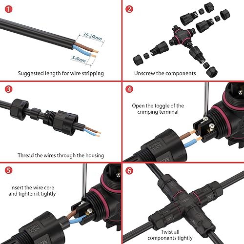 Vista 5 de AOHUA Caja de conexiones de 4 vías de 2 pines IP68 impermeable conector de cable de alimentación Ø5.0.000 in - 0.374 in Rango (CA 300 V, 20 A), UL