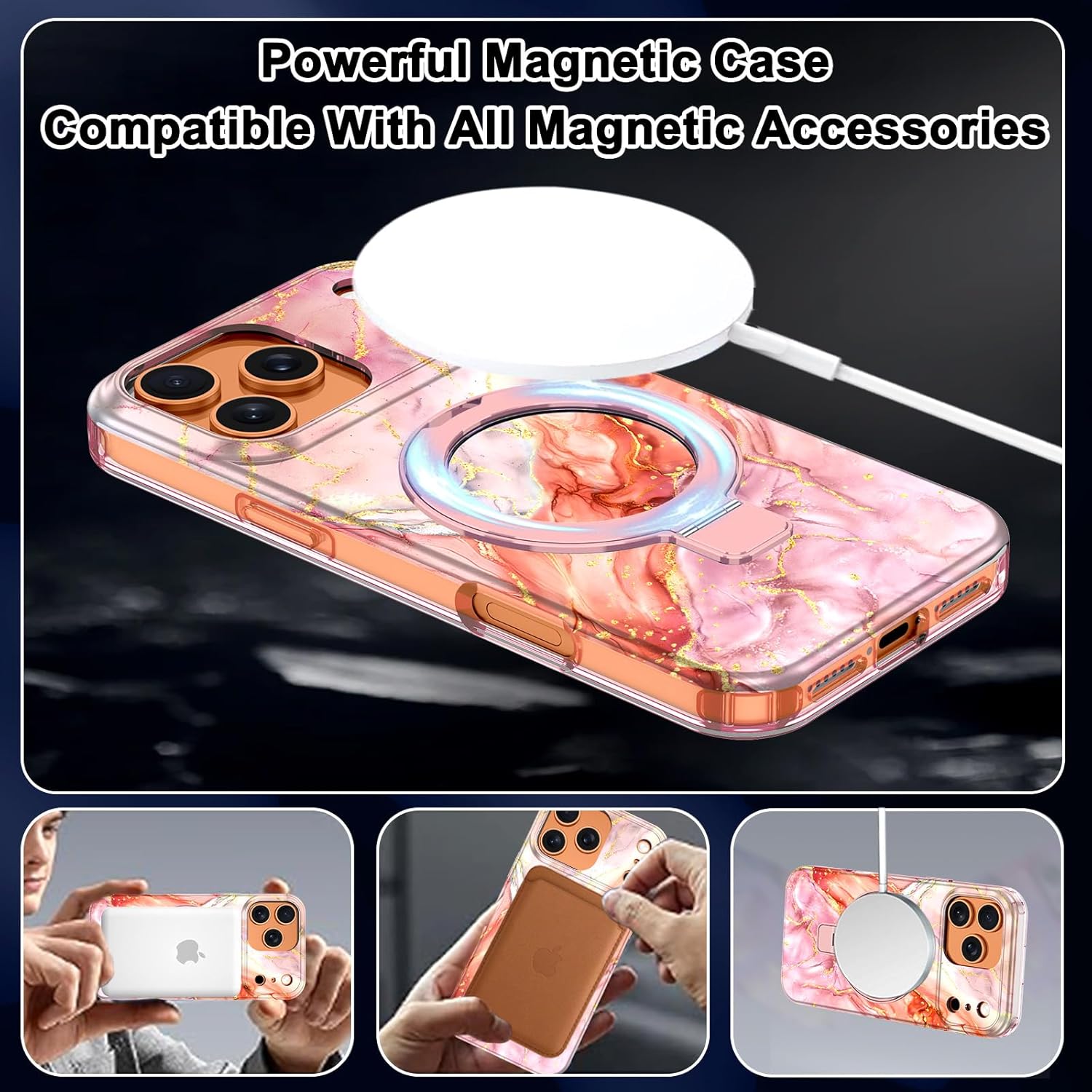 for iPhone 17 Pro Max Case,[Compatible with MagSafe][Magnetic Invisible Ring Stand],Shockproof Protective Slim Women Girl Case for Apple iPhone 17 Pro Max 6.9 inch,Pink Gold Marble