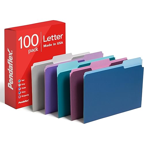 Pendaflex Two Tone Color File Folders, Letter Size, Assorted Colors (Teal, Violet, Gray, Navy and Burgundy), 1/3-Cut Tabs, 5 Color, 100/Box, (02315)