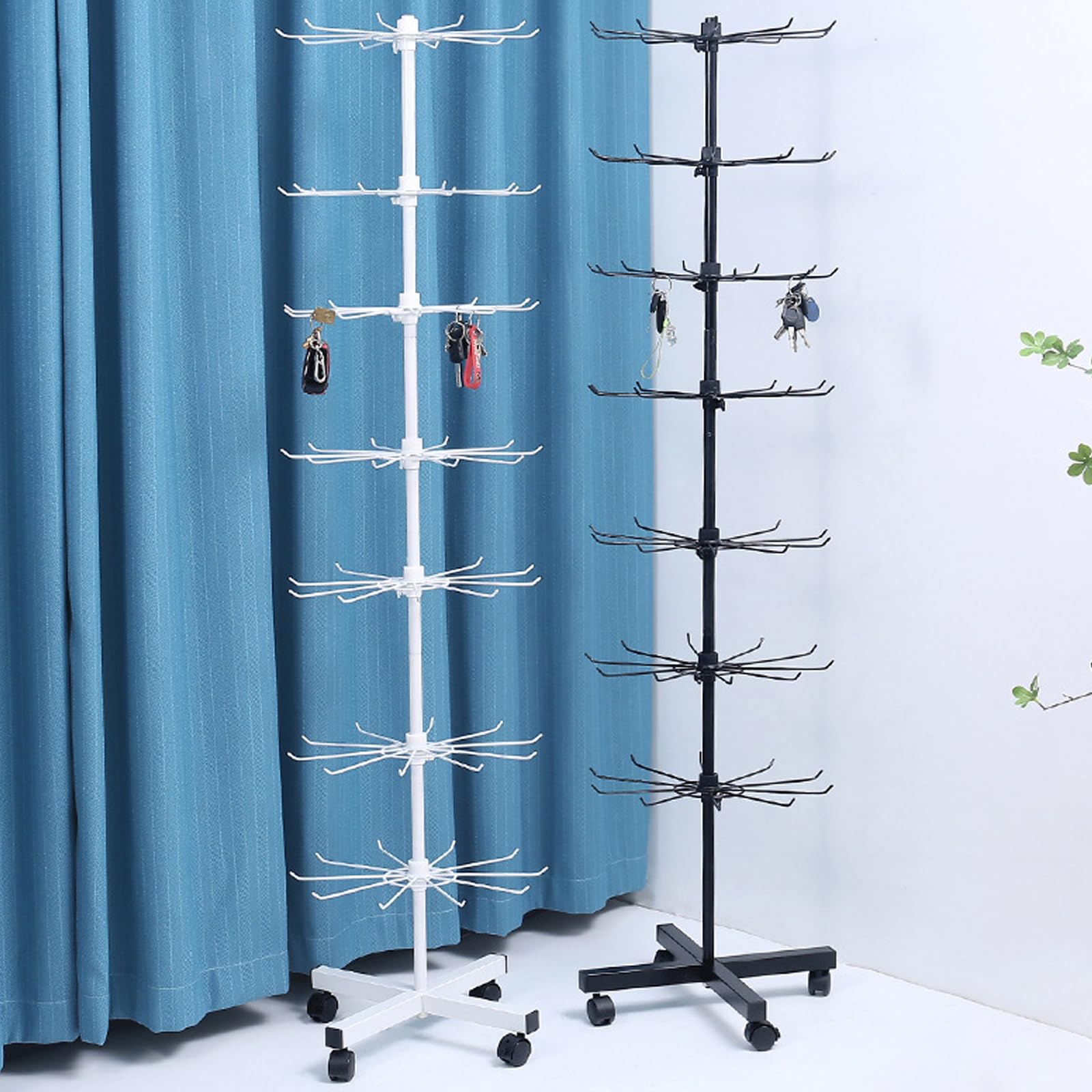 Espositore girevole a 7 livelli, diametro 40 cm, altezza 160 cm, con gancio, supporto girevole per gioielli, in metallo per catena, sciarpe, calze, cartolina (bianco)