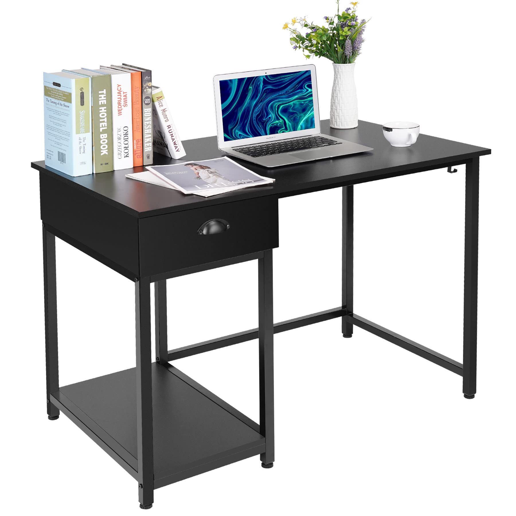 Computer Home Office Desk with Drawer, 39 Inches Computer Desk with Iron Hooks, Small Computer Desk with Storage Shelves, Modern Simple Style Writing Desk Table for Home Office, Black (Table 02)