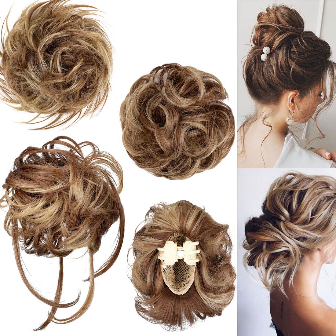 Photo 1 of Mitrygreen 4Pcs Messy Bun Hair Piece Extension Ponytail Hairpieces Synthetic Chignon Hair Piece for Women Girls Light Brown Mix Ash Blonde 4 Count 4 Count-Light Brown Mix Ash Blonde