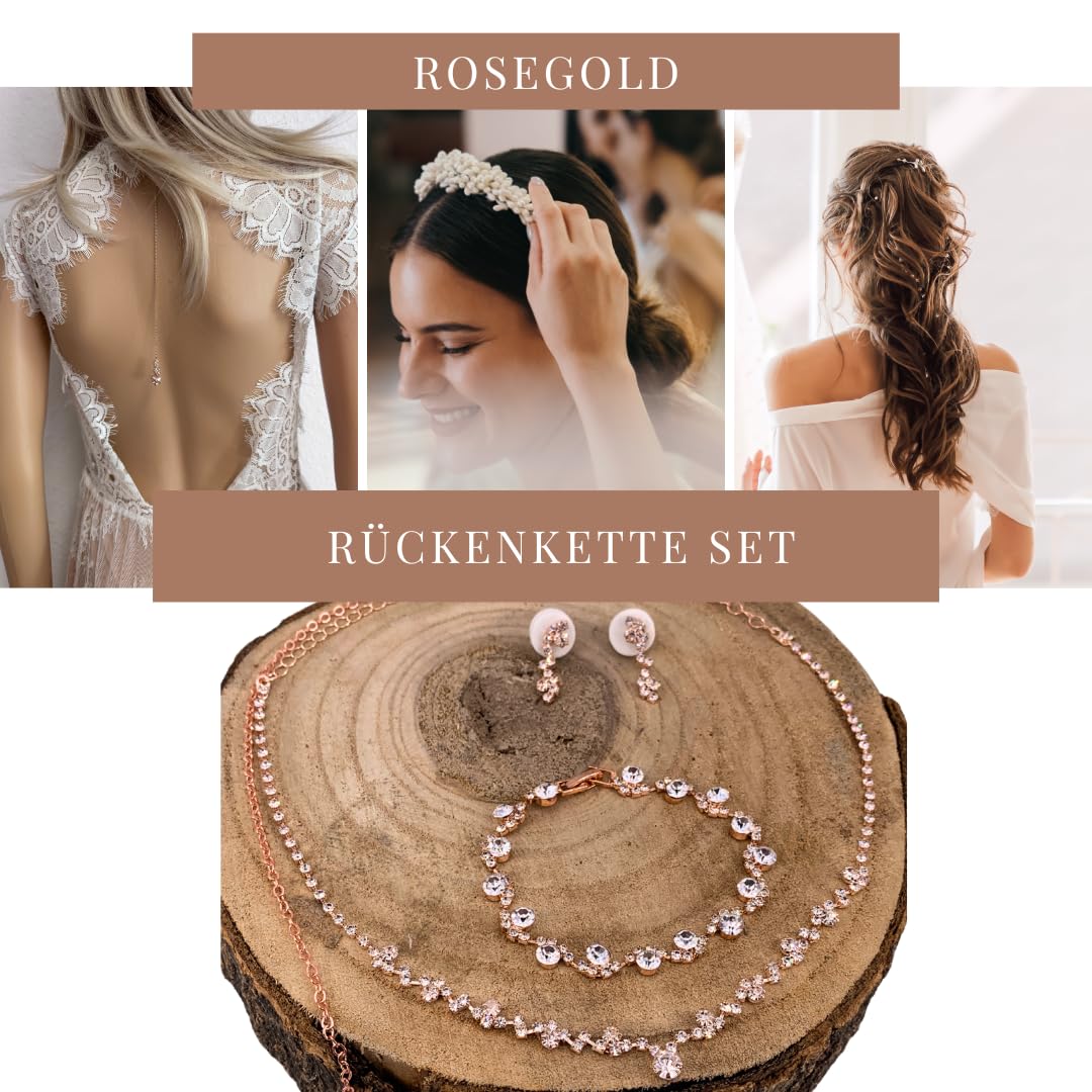 Brautschmuck Set Rosegold, Rückenkette mit Strass 23cm, Collier 38-48cm, Armband 18,5cm, Ohrringe 2,5cm