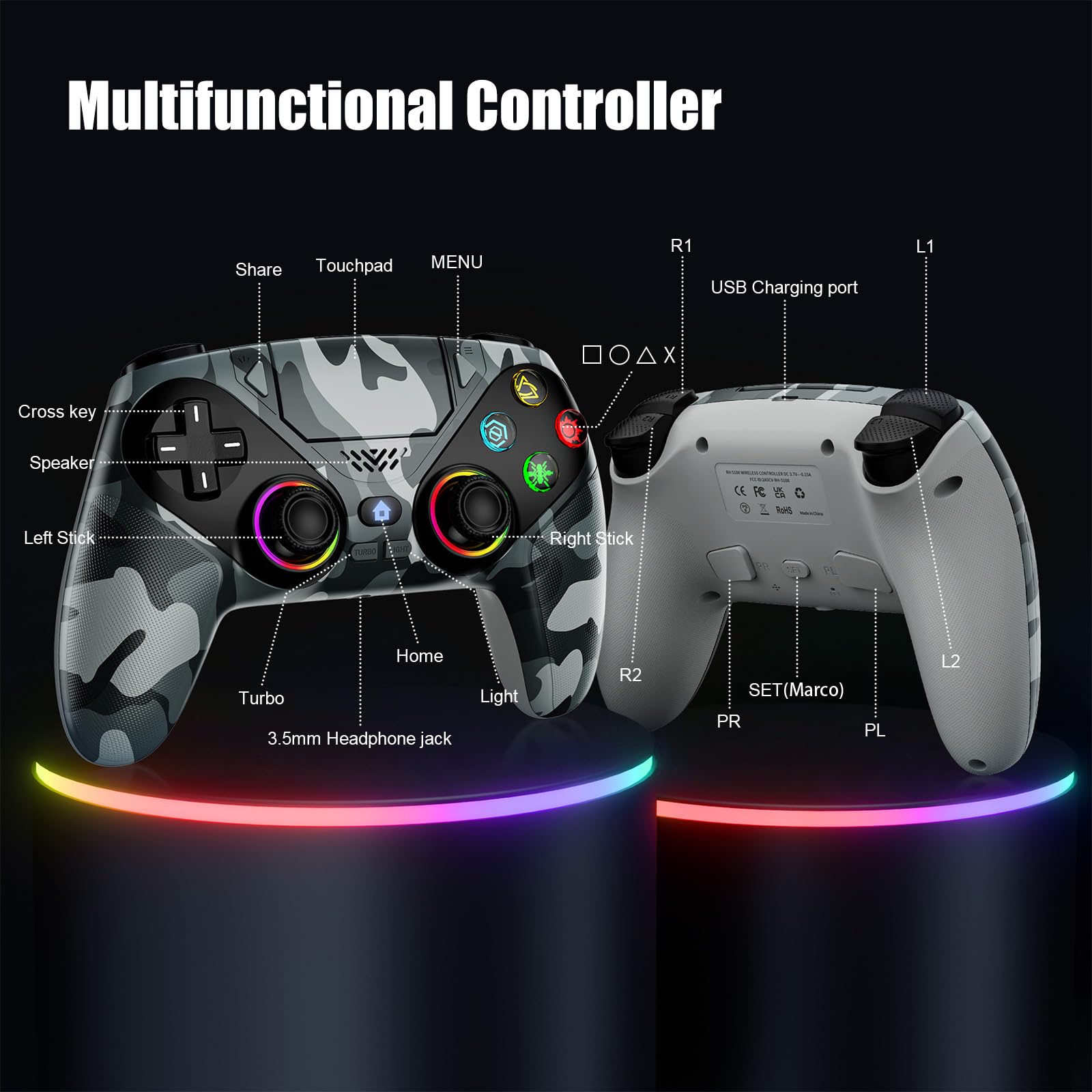 Dinosoo RGB Wireless-Controller für PS5/Pro/Slim/PC, Bluetooth-Gamepad mit Paddles auf der Rückseite, Touchpad, Dual-Motor-Vibration, 6-Achsen-Bewegungssteuerung, Makro- und Turbo-Modus
